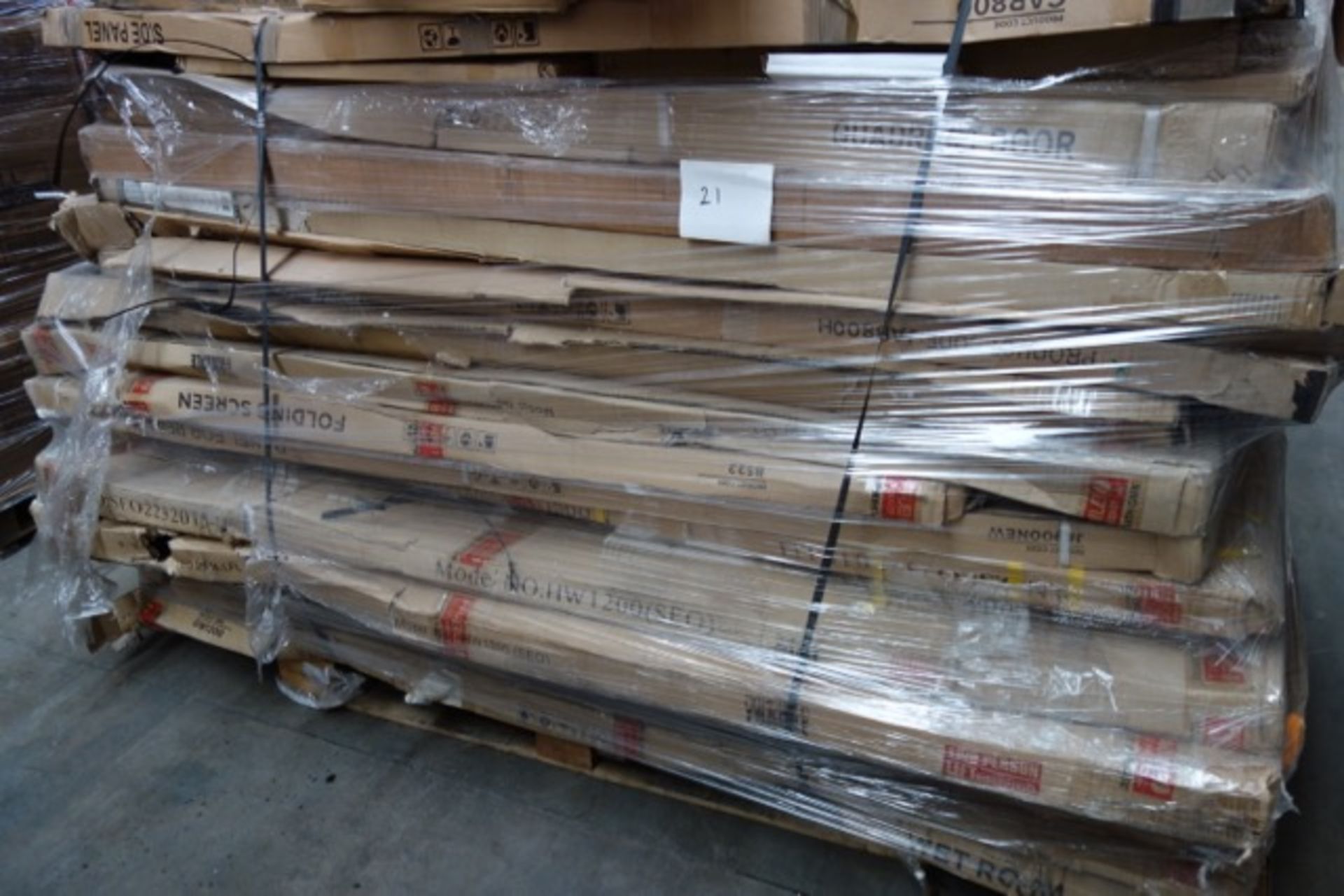 (20) PALLET TO CONTAIN 21 x ITEMS OF VARIOUS BATHROOM STOCK TO INCLUDE: WETROOM PANELS, QUADRANT