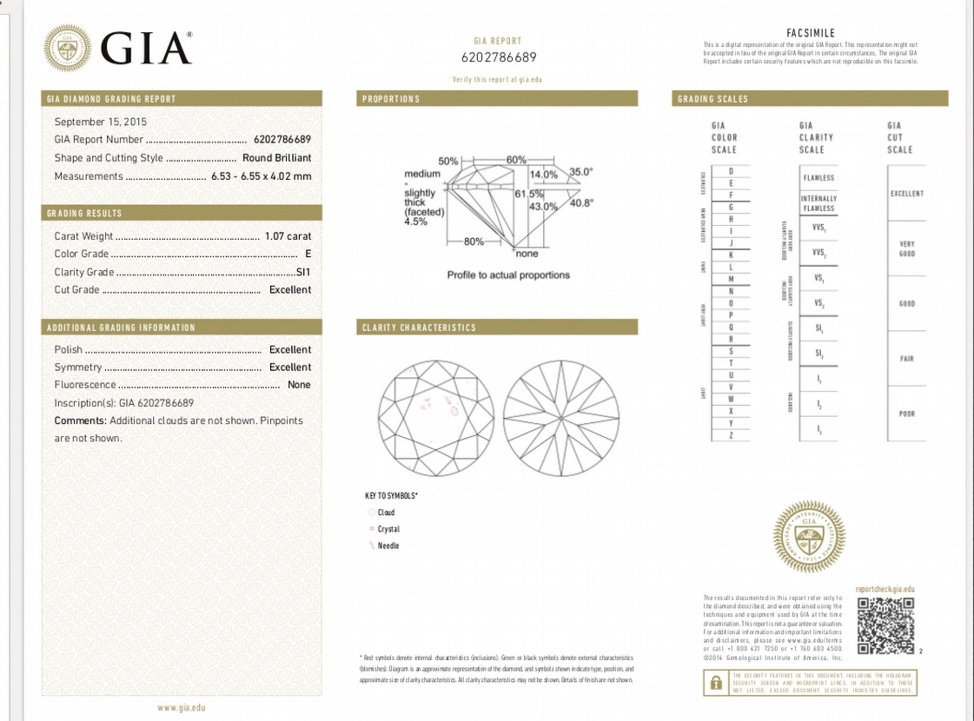 1.07ct single brilliant cut diamond, E colour SI1 clarity. 6.53 mm x 6.55mm x 4.02mm. Suitable for - Image 6 of 6