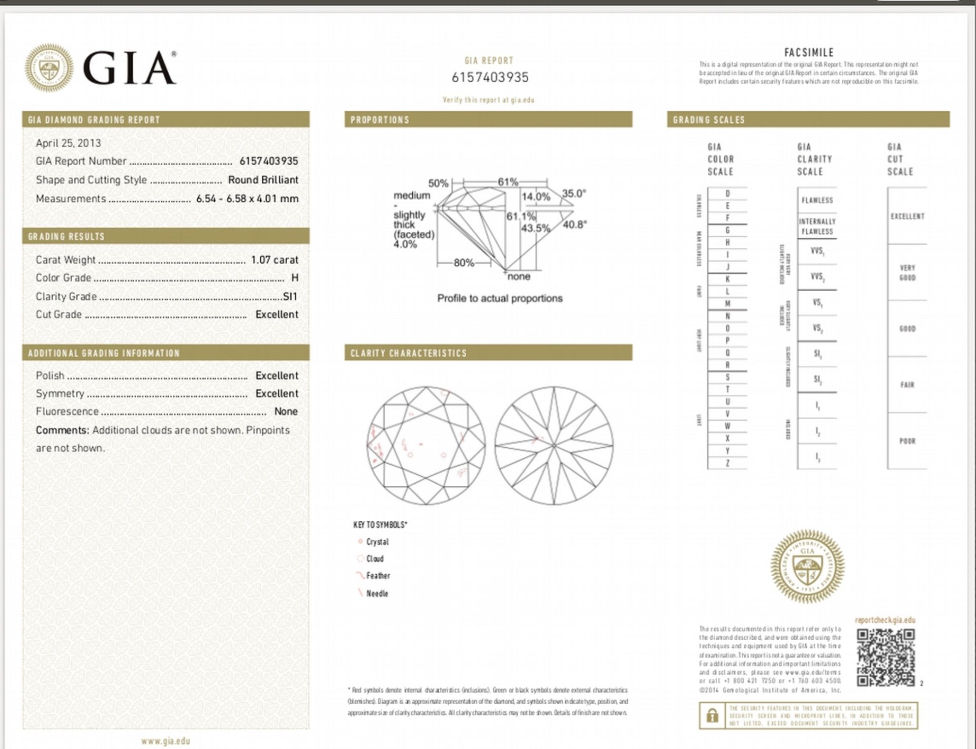 1.07ct single brilliant cut diamond, H colour SI1 clarity. 6.54 mm x 6.58mm x 4.01mm. Suitable for - Image 6 of 6