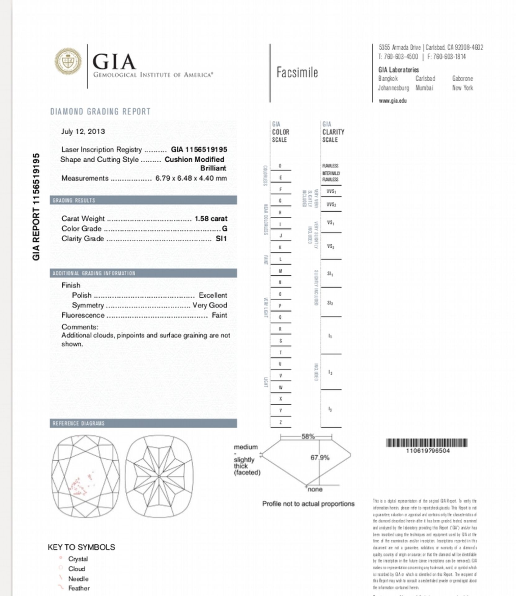 1.58ct single cushion cut diamond. Measurements 6.48 x 6.79 x 4.40mm. G colour and Si1 clarity. - Image 2 of 2