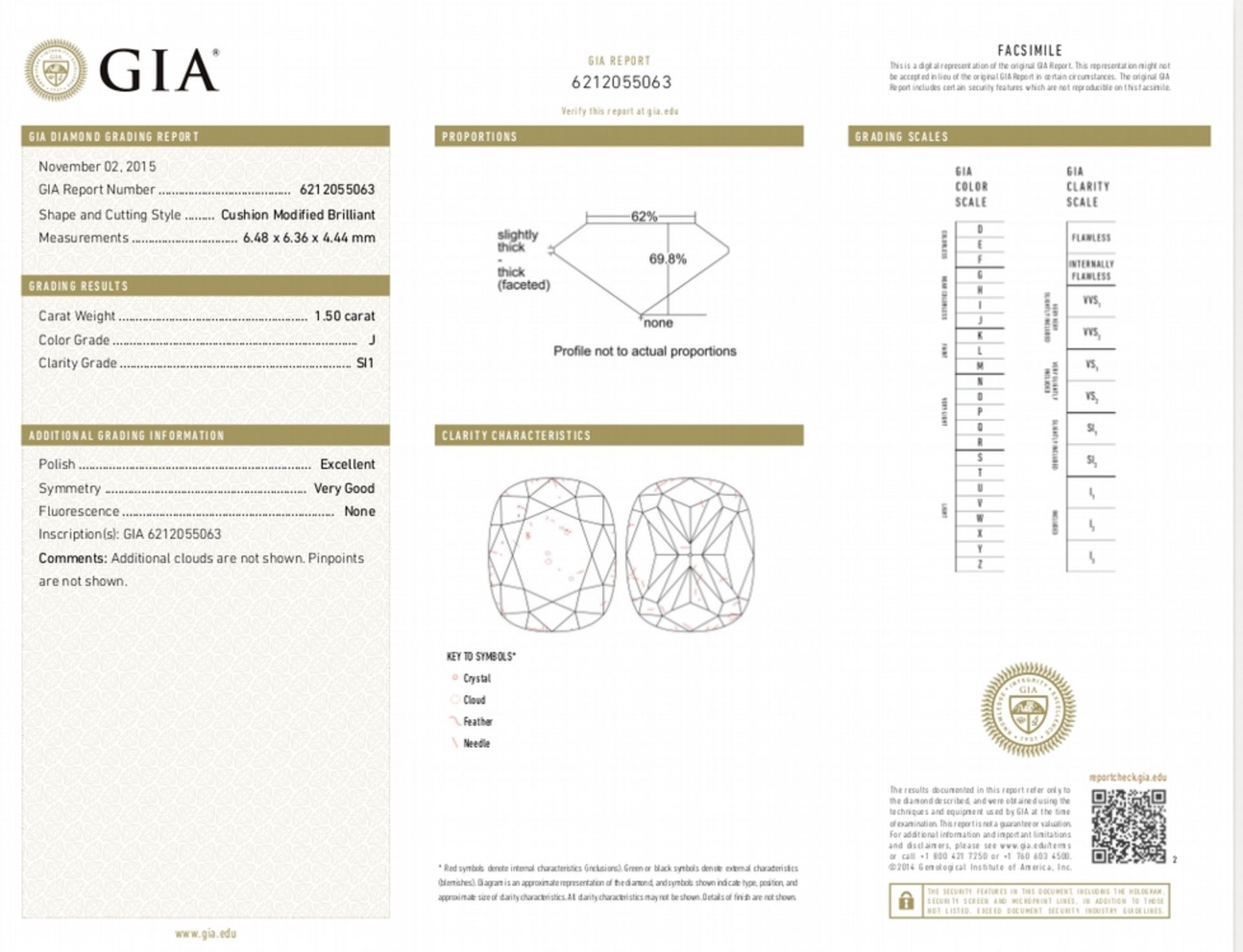 1.50ct single cushion cut diamond. Measurements 6.48 x 6.36 x 4.44mm. J colour and Si1 clarity. - Image 2 of 2