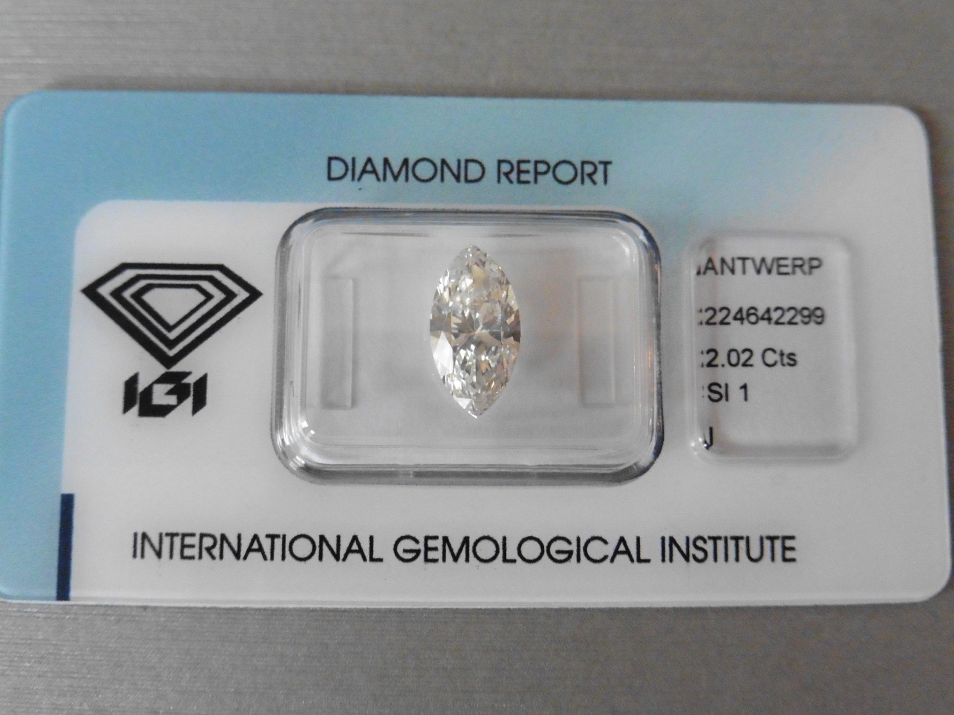 2.02ct single marquise cut diamond. Measurements 12.98 x 6.70 x 3.98mm. I colour, si1 clarity.