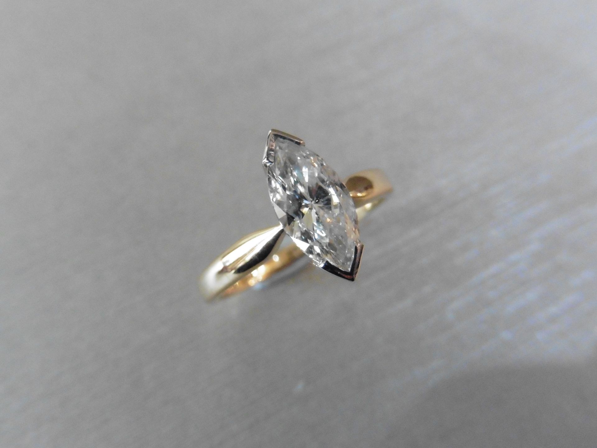 1.15ct marquise cut diamond solitaire ring. F colour Si2 clarity. 11.32 x 5.47 x 3.23mm. Set in
