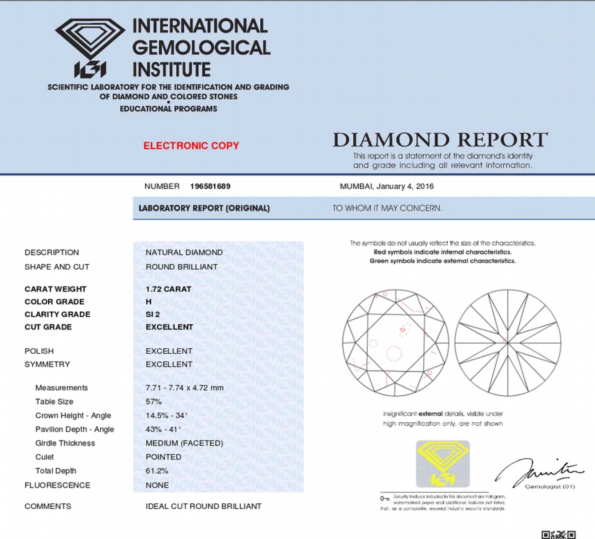 1.72ct single brilliant cut diamond. Measures 7.71 x 7.74 x 4.72mm. H colour, si2 clarity. Valued at - Image 6 of 6