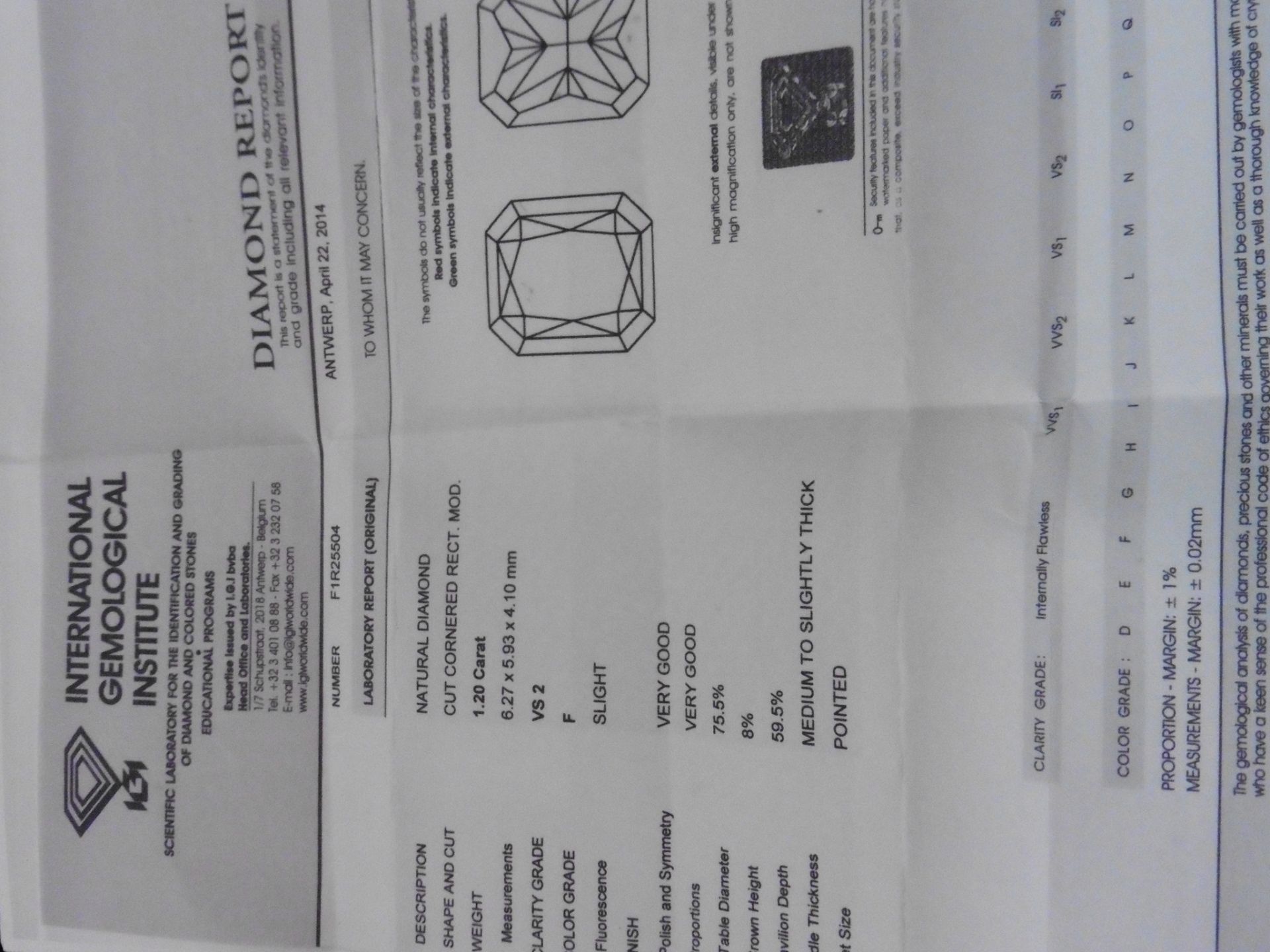 1.20ct single radiant cut diamond F colour VS2 clarity. 6.27 x 5.93 x 4.10mm. Suitable for - Image 6 of 6