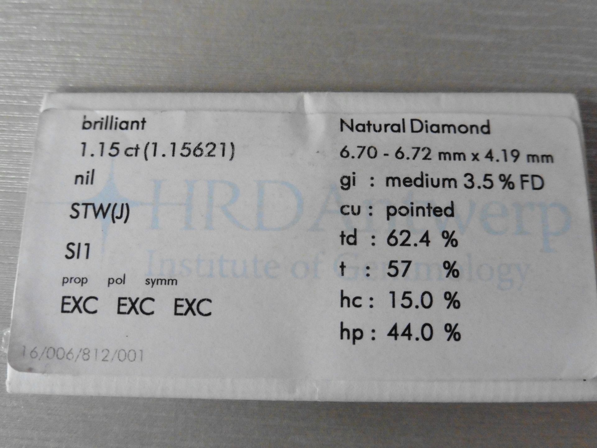 1.15ct single brilliant cut diamond. Measurements 6.70 x 6.72 x 4.19mm. J colour, si clarity. Valued - Image 5 of 6