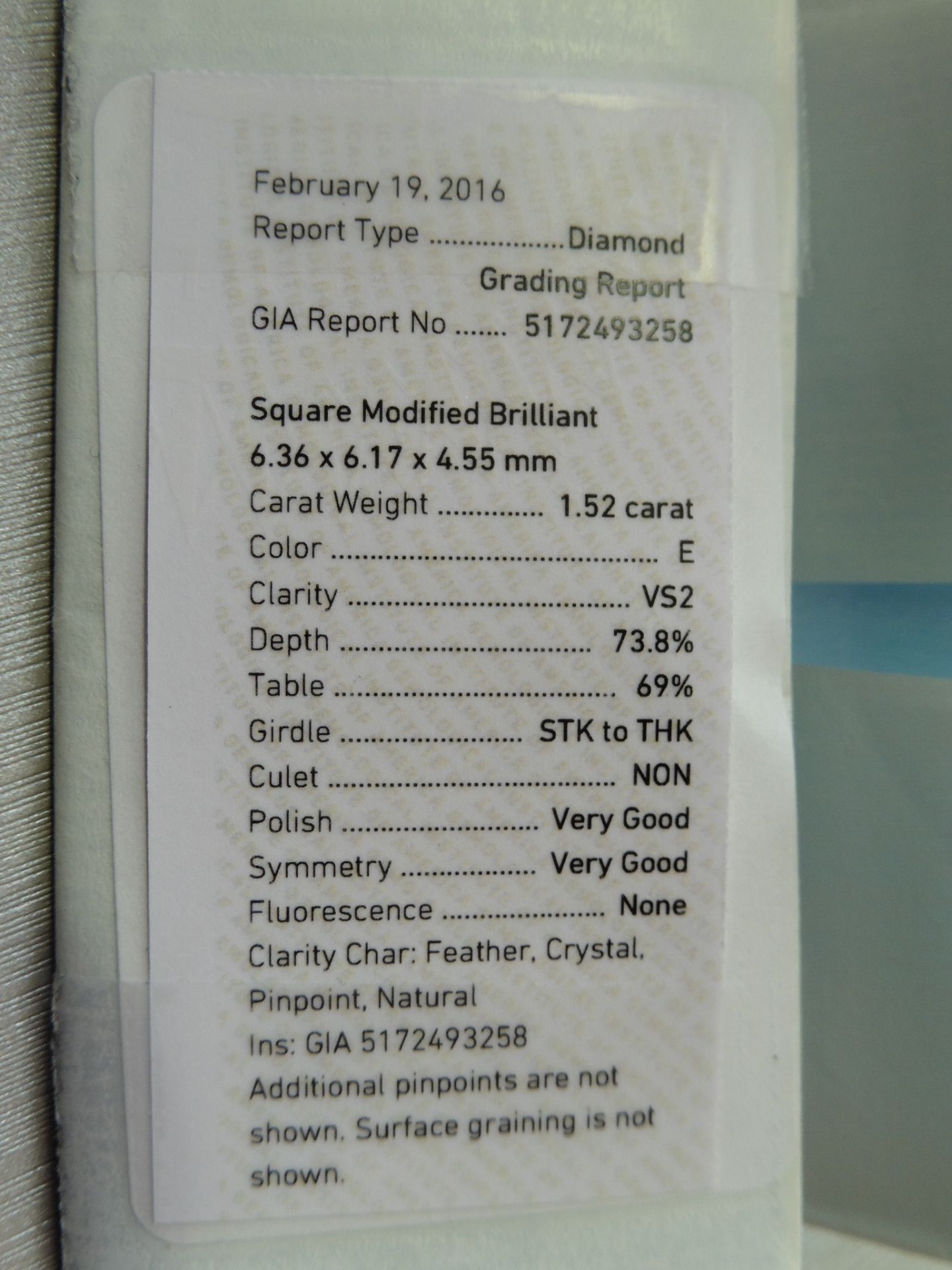 1.52ct single princess cut diamond. Measurements 6.36 x 6.17 x 4.55mm. E colour and VS2 clarity. - Image 5 of 6