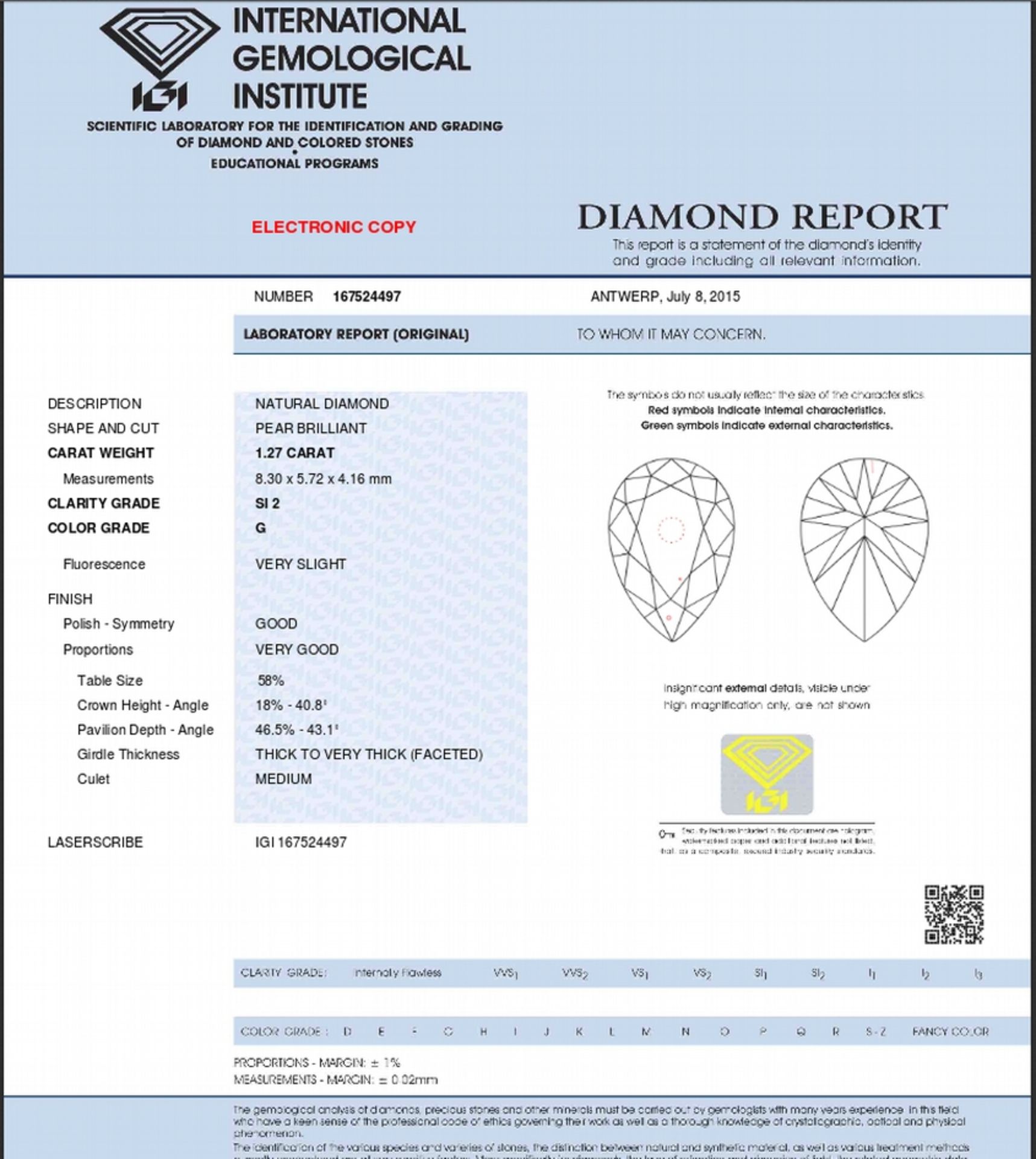 1.27ct single pear cut diamond G colour S12 clarity. 8.30 x 5.72 x 4.16. Suitable for mounting in - Image 5 of 5