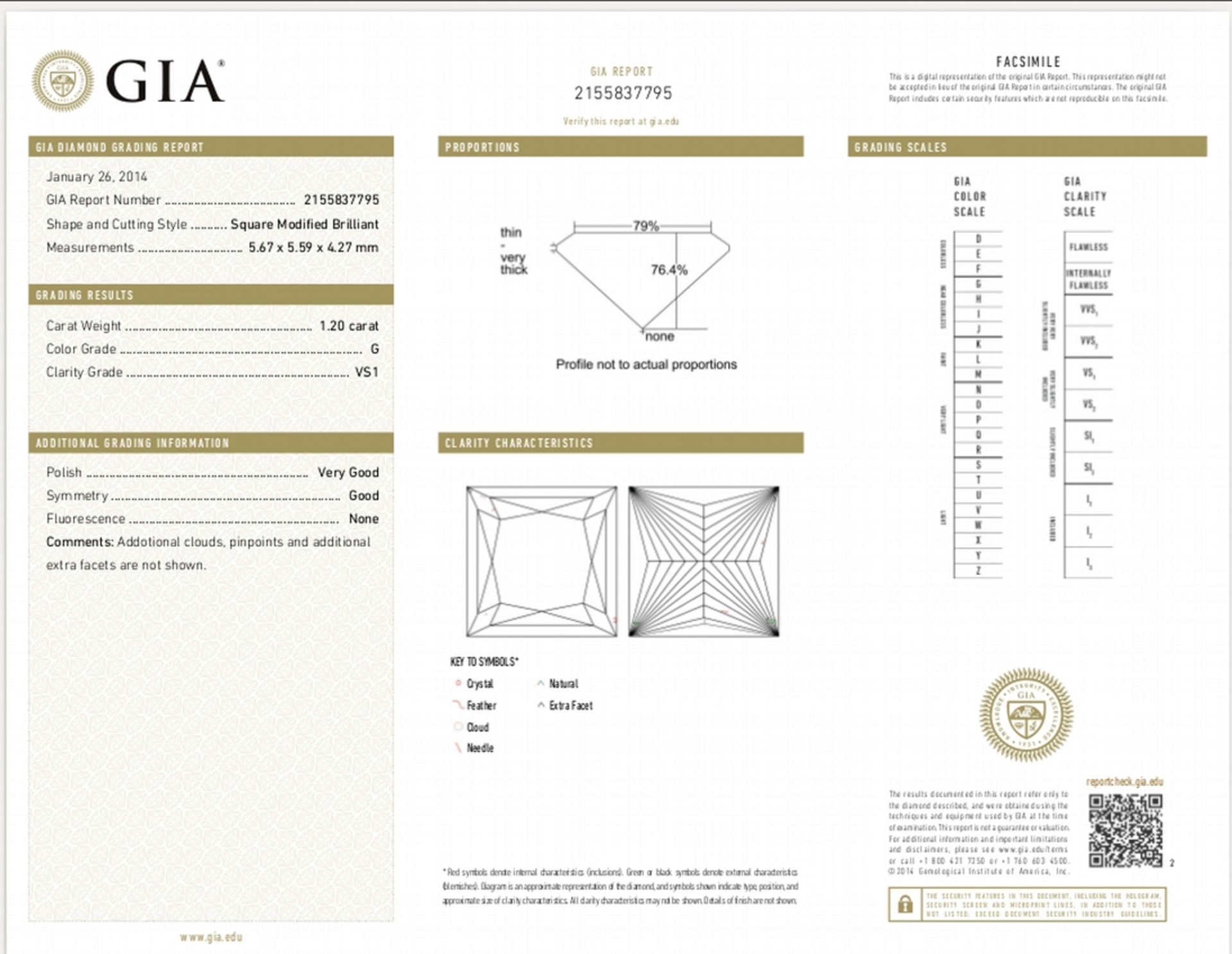 1.20ct single princess cut diamond G colour VS1 clarity. 5.67 x 5.59 x 4.27. Suitable for mounting - Image 5 of 5