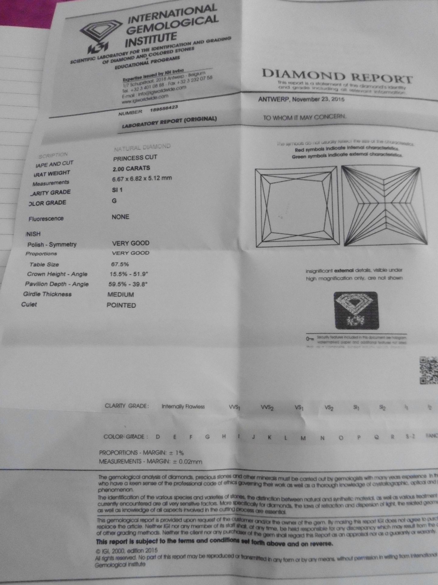 2.00ct single princess cut diamond. G colour, SI 1 clarity. Measurements 6.67 x 6.82 x 5.12mm. - Image 6 of 6