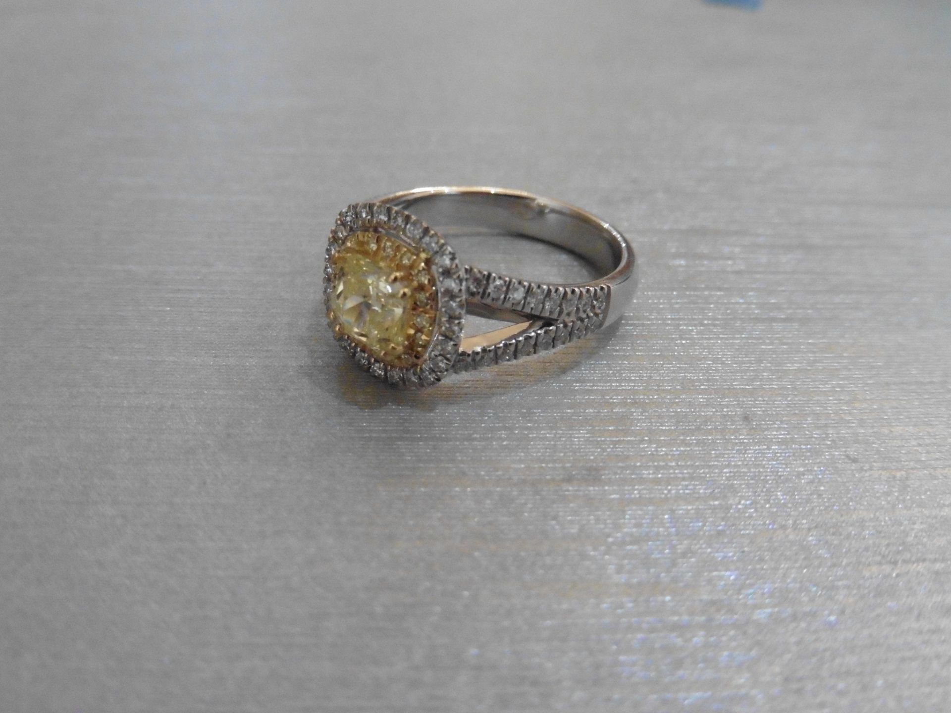 18ct white gold diamond set ring with a 1.02ct cushion cut yellow diamond, si1 clarity . It has a - Image 3 of 6