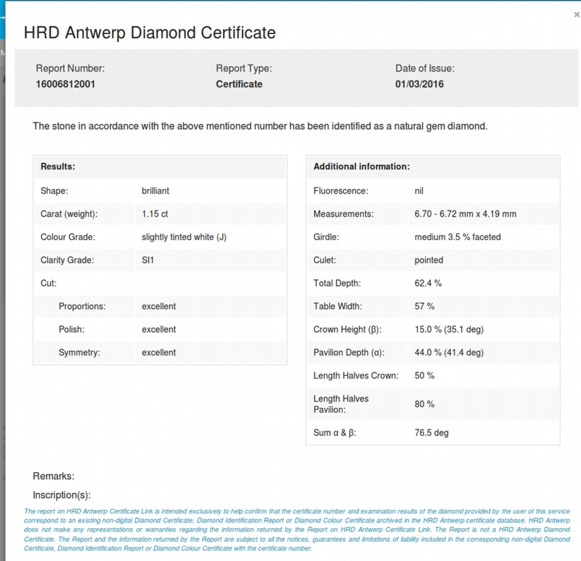 1.15ct single brilliant cut diamond. Measurements 6.70 x 6.72 x 4.19mm. J colour, si clarity. Valued - Image 6 of 6