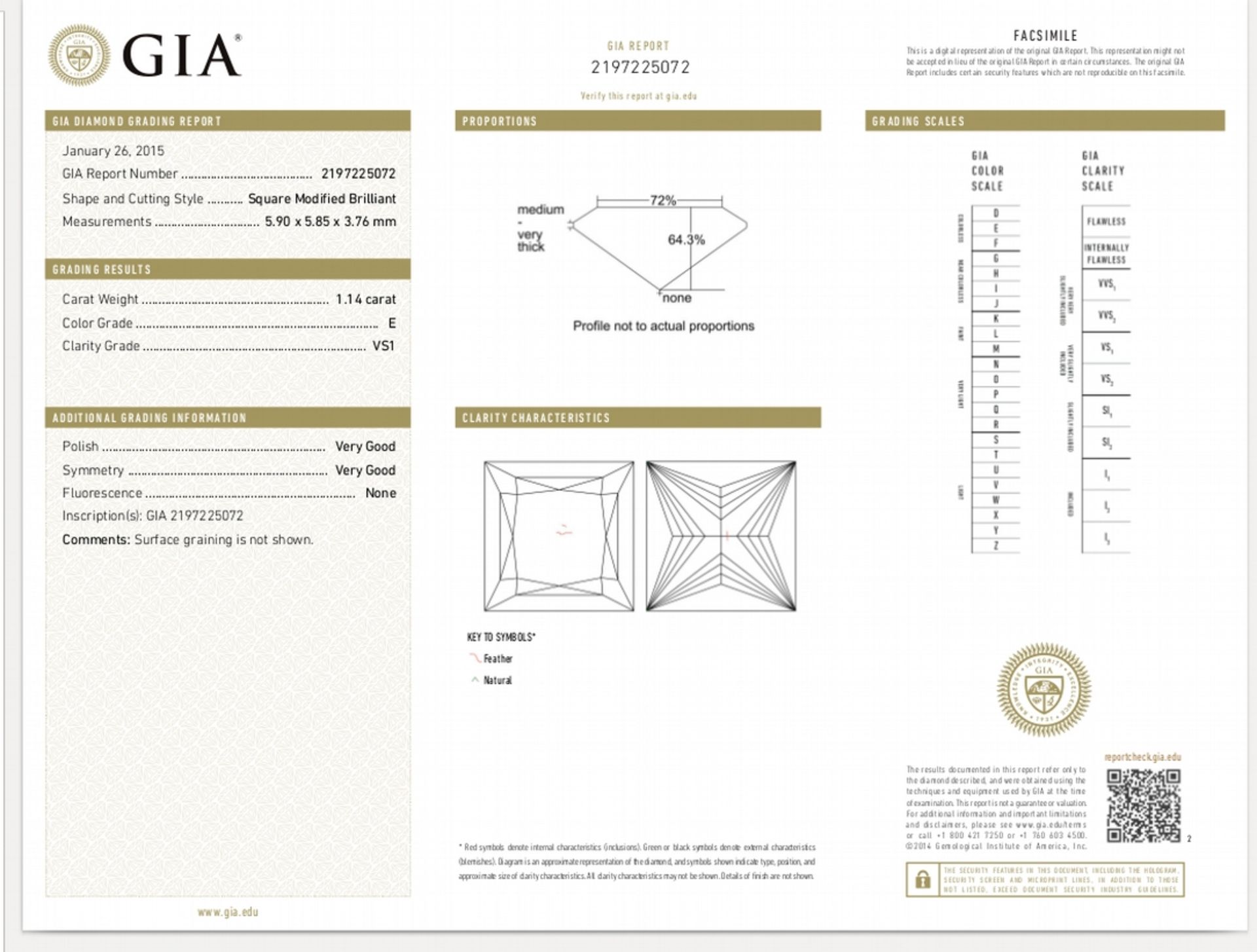 1.14ct single princess cut diamond. Measurements 5.90 x 5.85 x 3.76mm. E colour and VS1 clarity. - Image 6 of 6