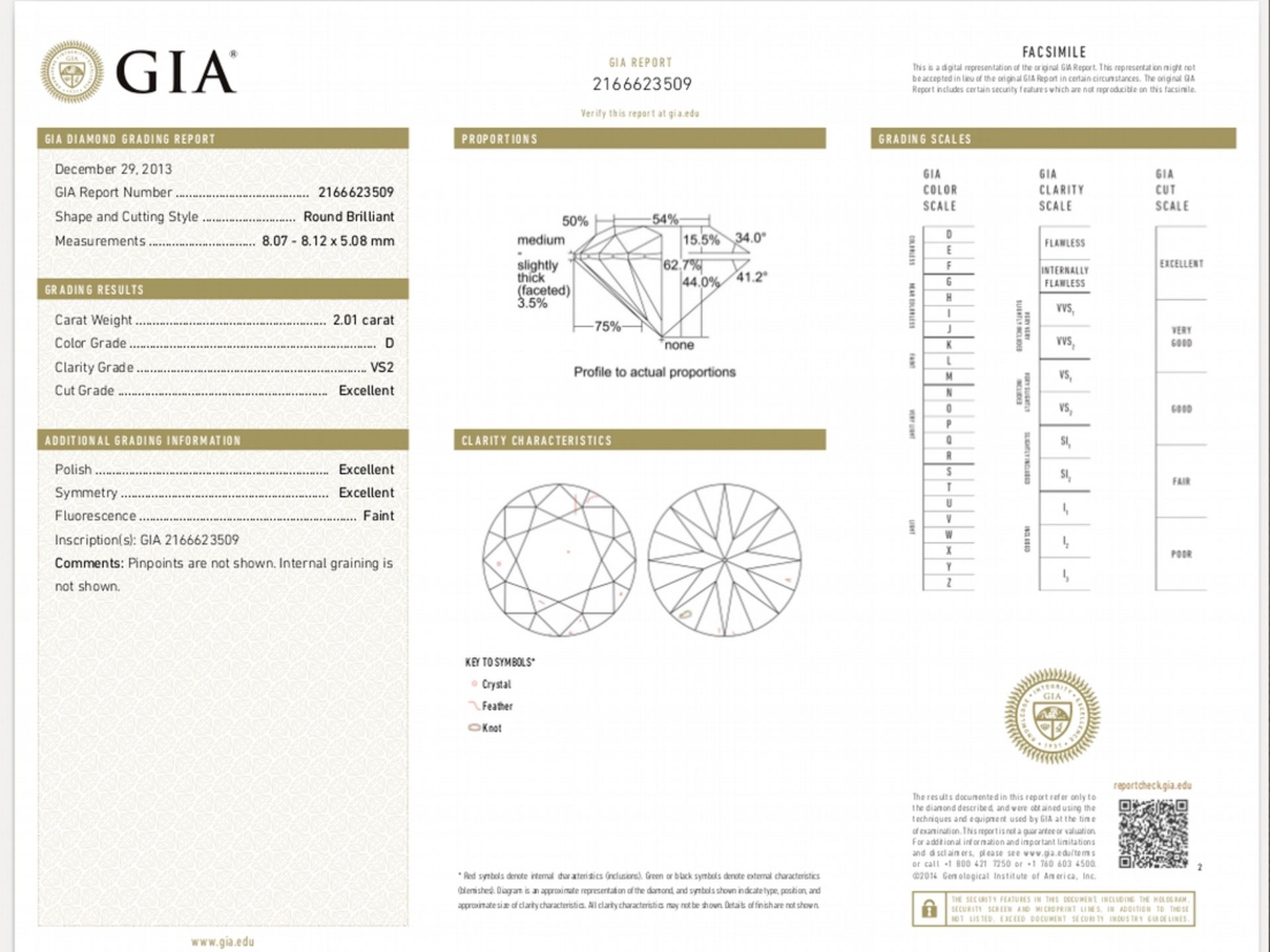 2.01ct single brilliant cut diamond, D colour VS2 clarity. 8.07 mm x 8.12mm x 5.08mm. Suitable for - Image 6 of 6