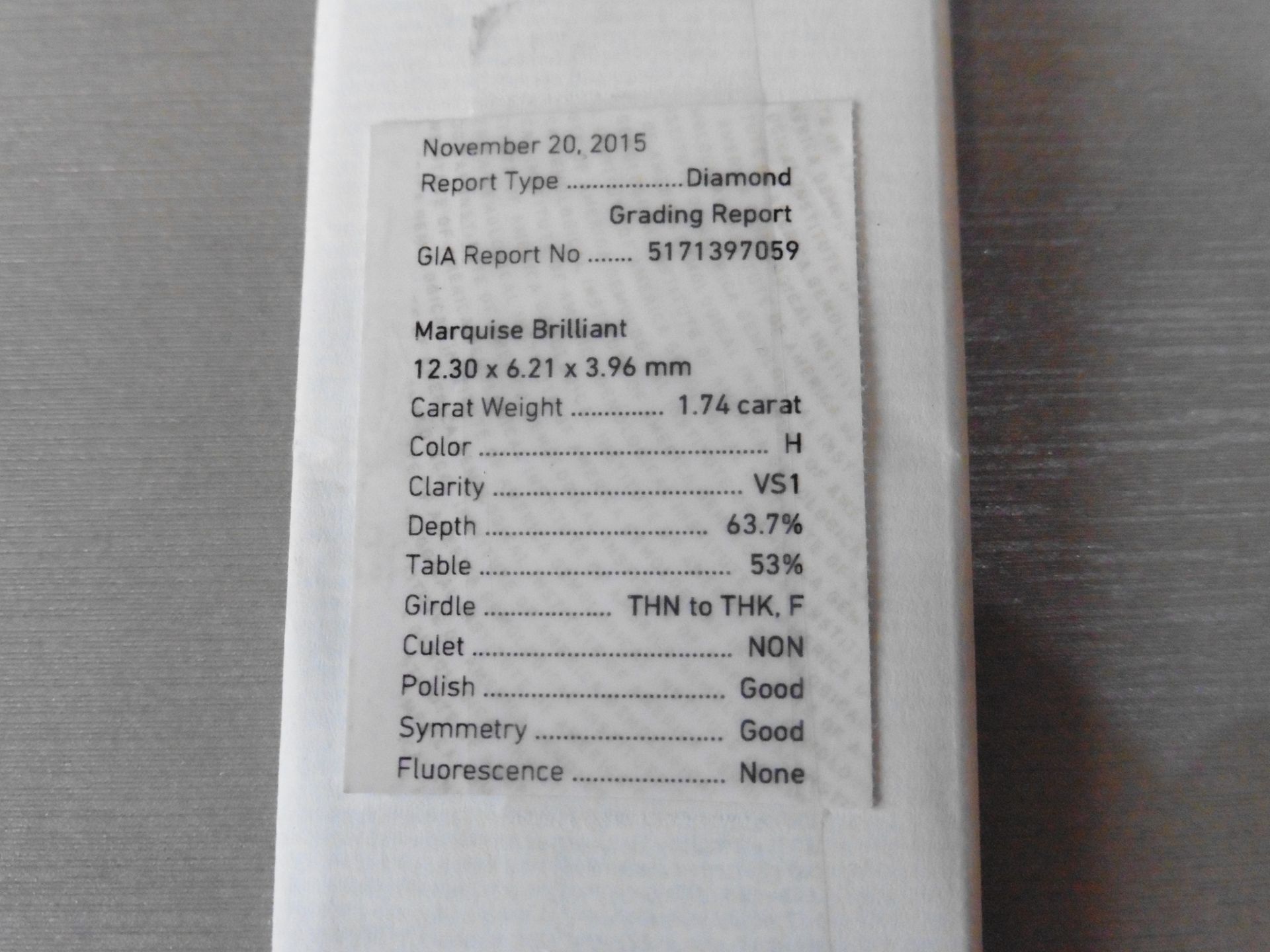 1.74ct single marquise cut diamond. Measurements 12.30 x 6.21 x 3.96mm. H colour, VS1 clarity. - Image 5 of 6