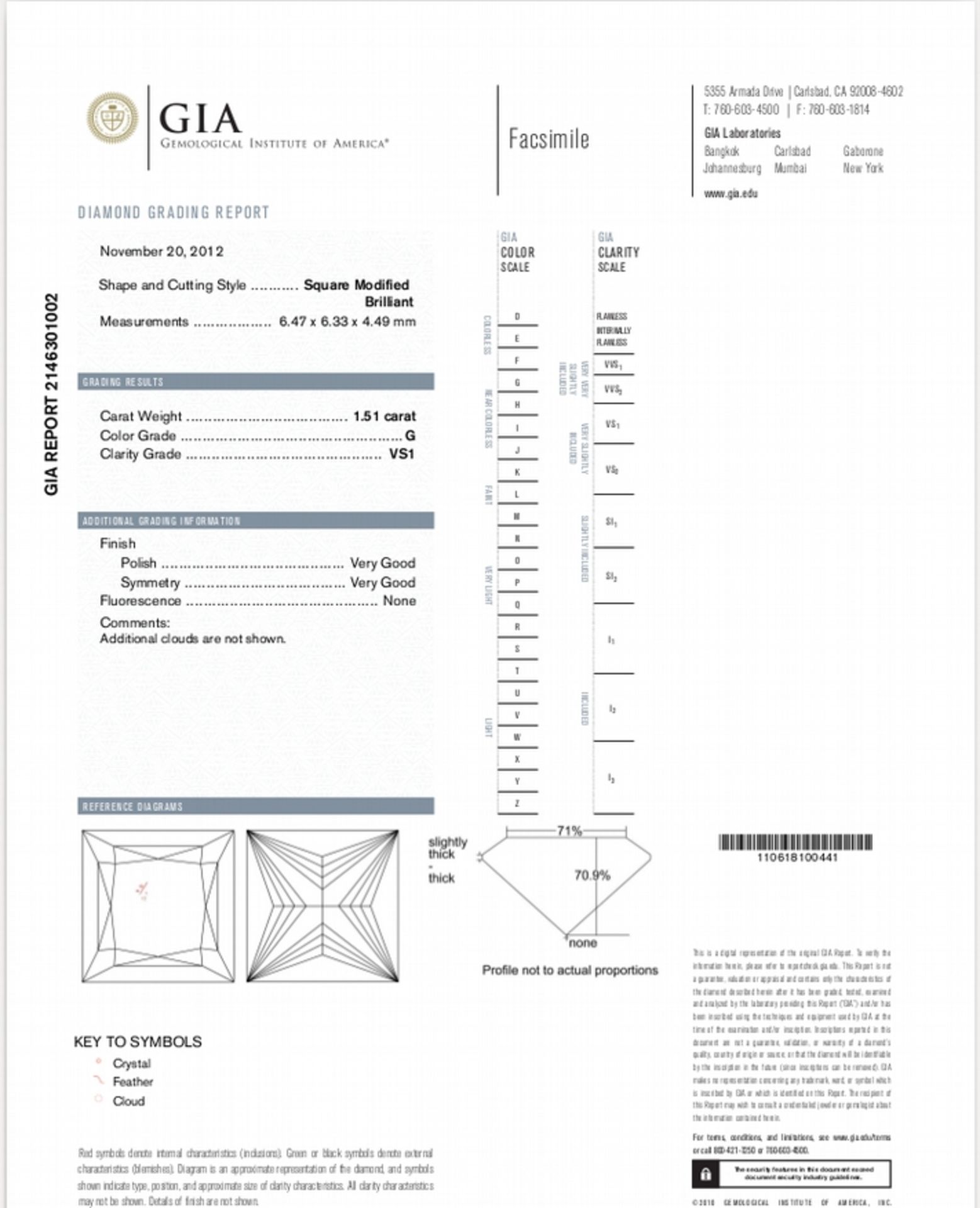 1.51ct single princess cut diamond. Measurements 6.33 x 6.47 x 4.49mm. G colour and VS1 clarity. - Image 2 of 2