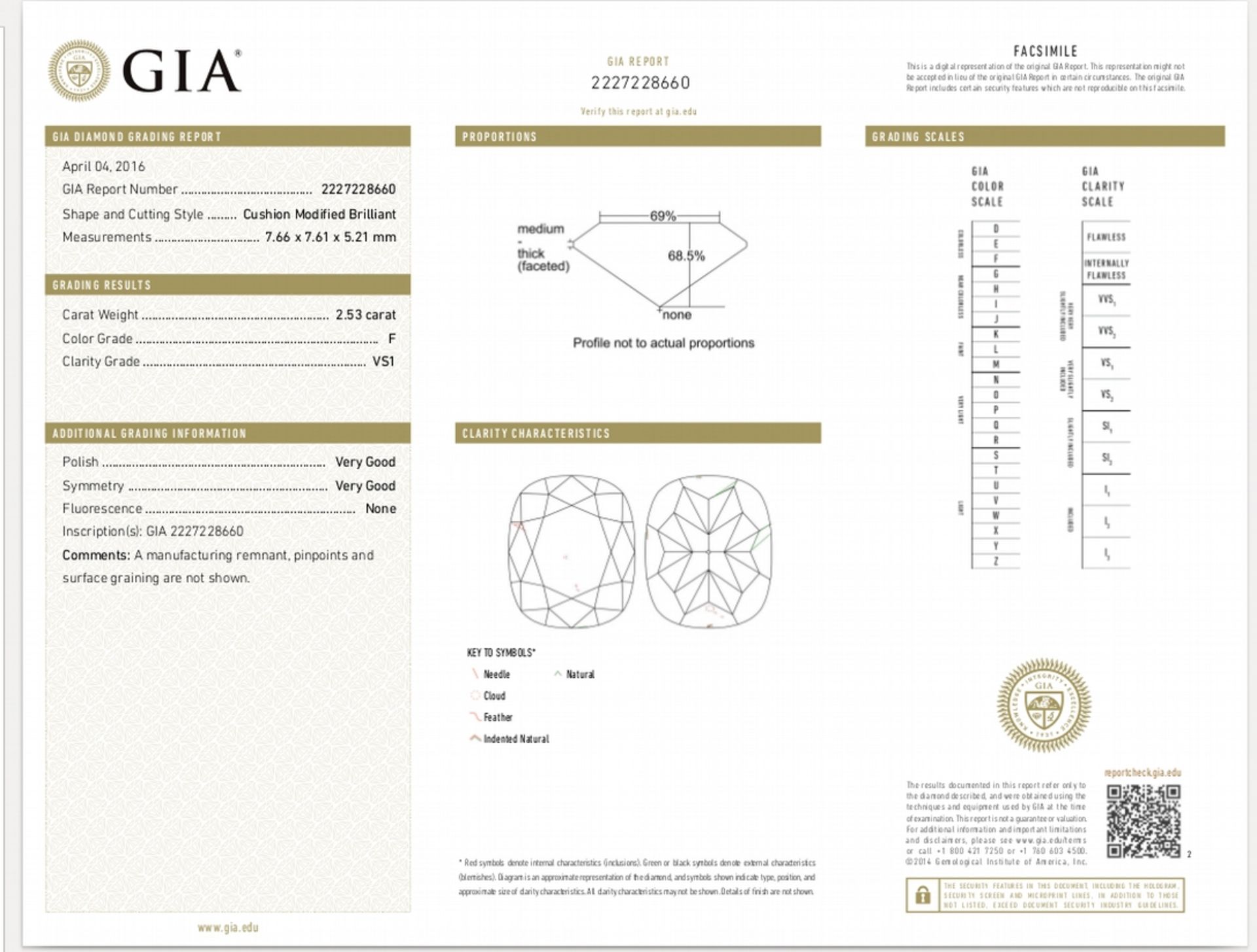 2.53ct single cushion cut diamond F colour VS1 clarity. 7.66 x 7.61 x 5.21mm. Suitable for - Image 7 of 7