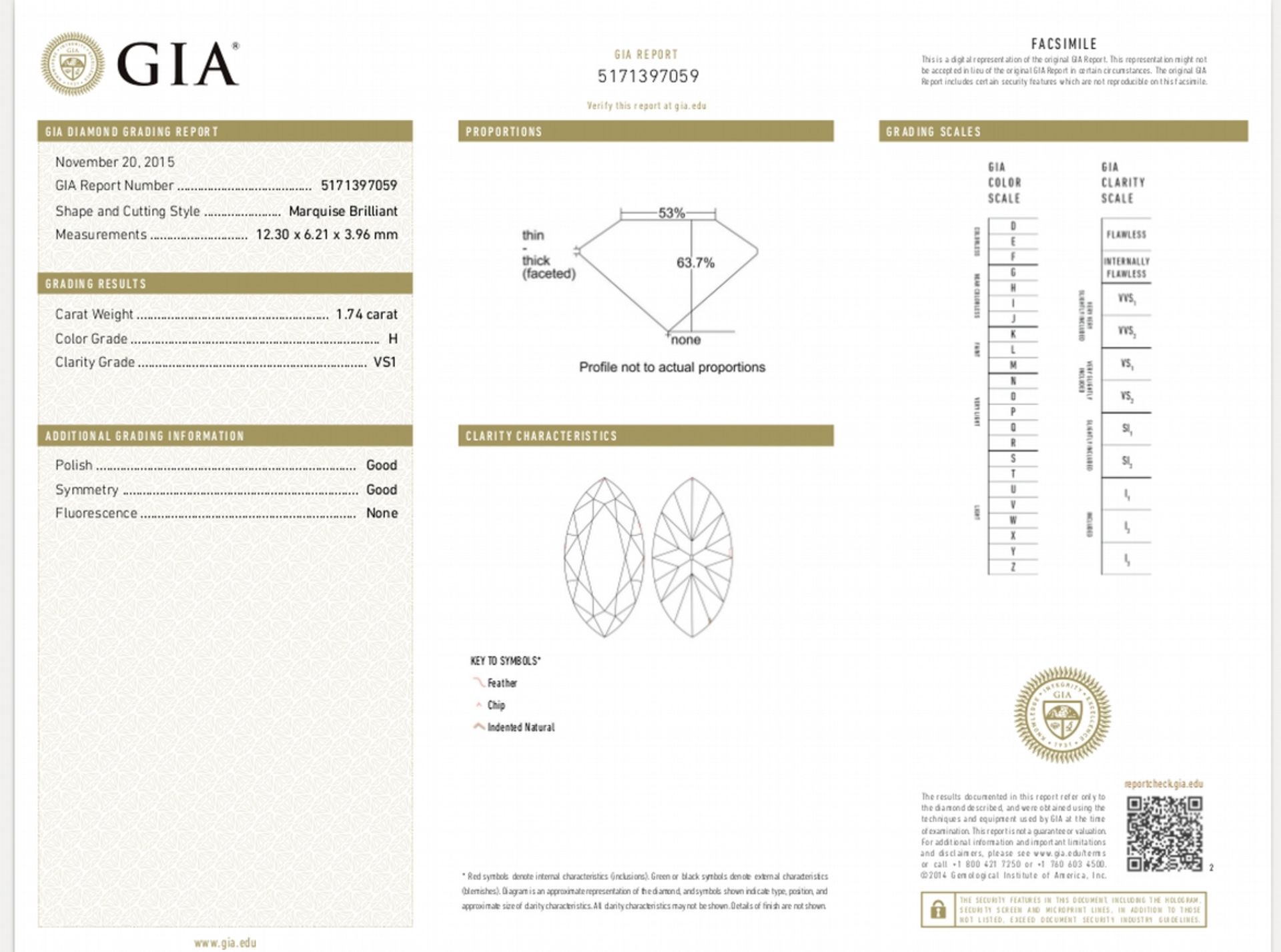 1.74ct single marquise cut diamond. Measurements 12.30 x 6.21 x 3.96mm. H colour, VS1 clarity. - Image 6 of 6