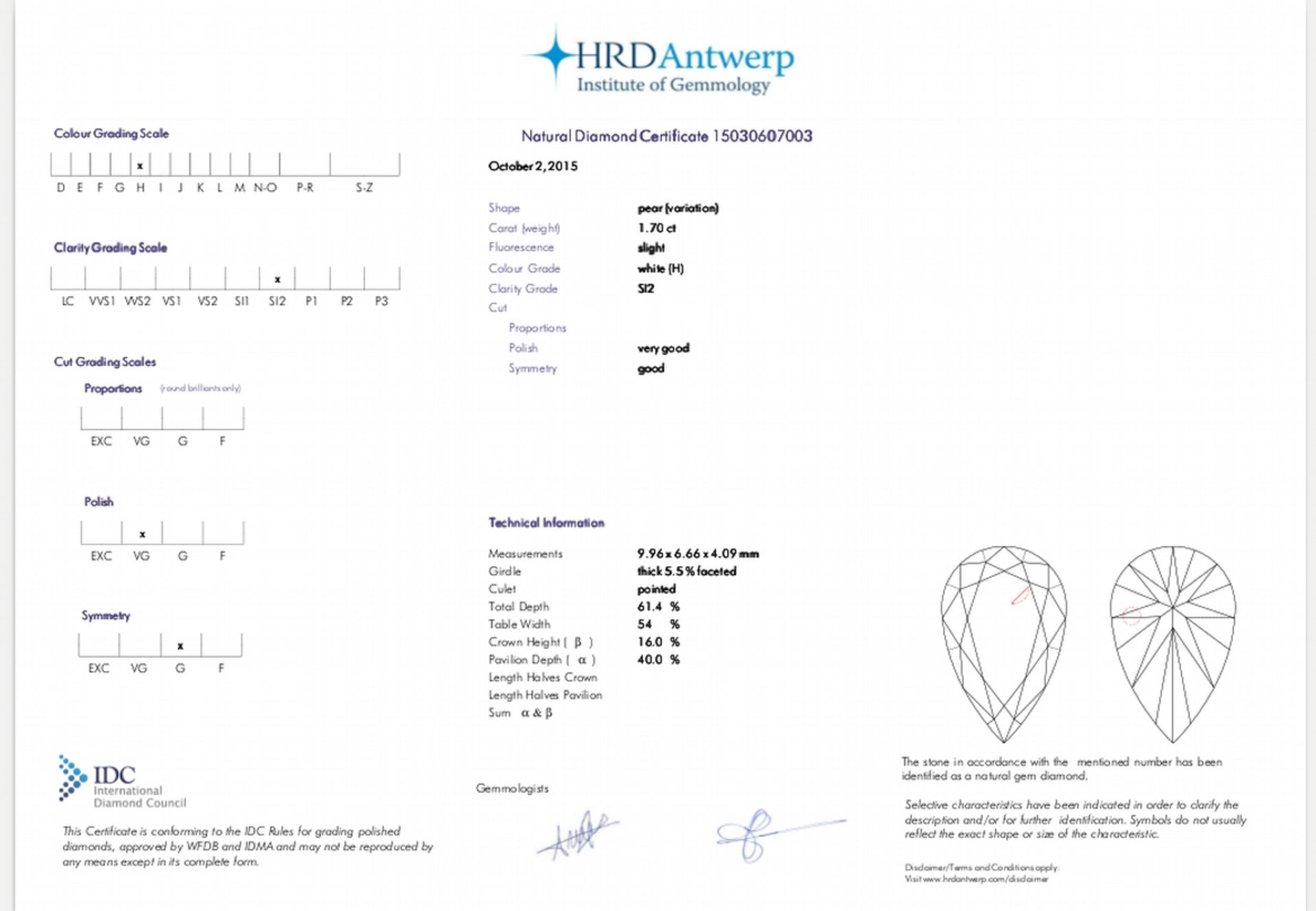 1.70ct single pear cut diamond H colour S12 clarity. 9.96 x 6.66 x 4.09. Suitable for mounting in - Image 5 of 5