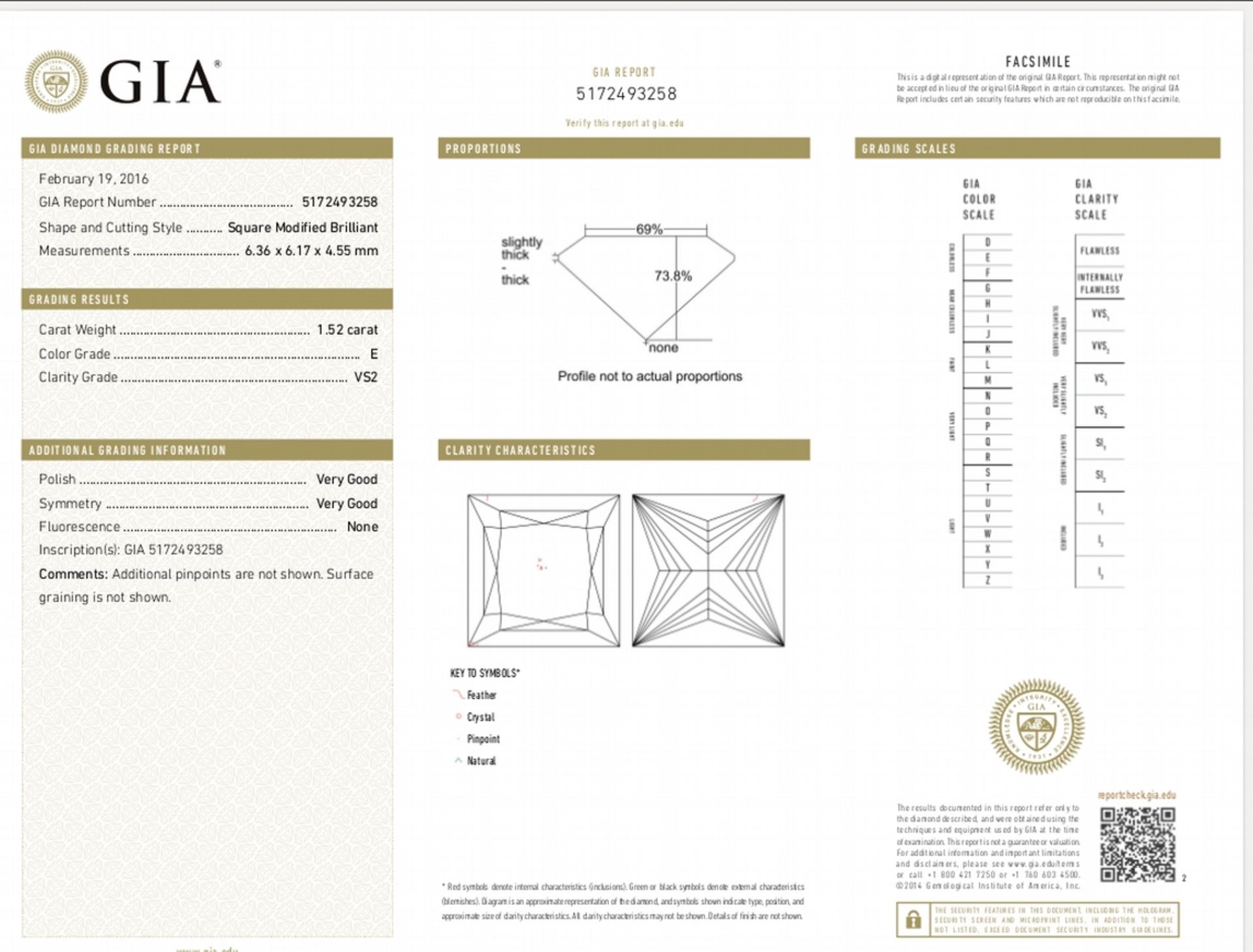 1.52ct single princess cut diamond. Measurements 6.36 x 6.17 x 4.55mm. E colour and VS2 clarity. - Image 6 of 6