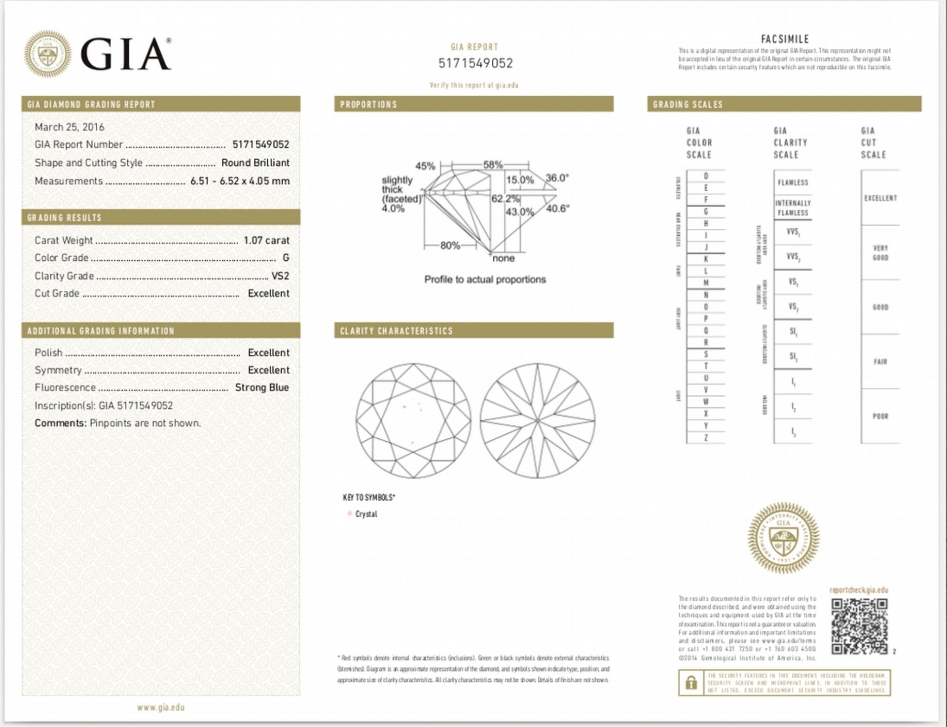 1.07ct single brilliant cut diamond, G colour VS2 clarity. 6.51 mm x 6.52mm x 4.05mm. Suitable for - Image 6 of 6