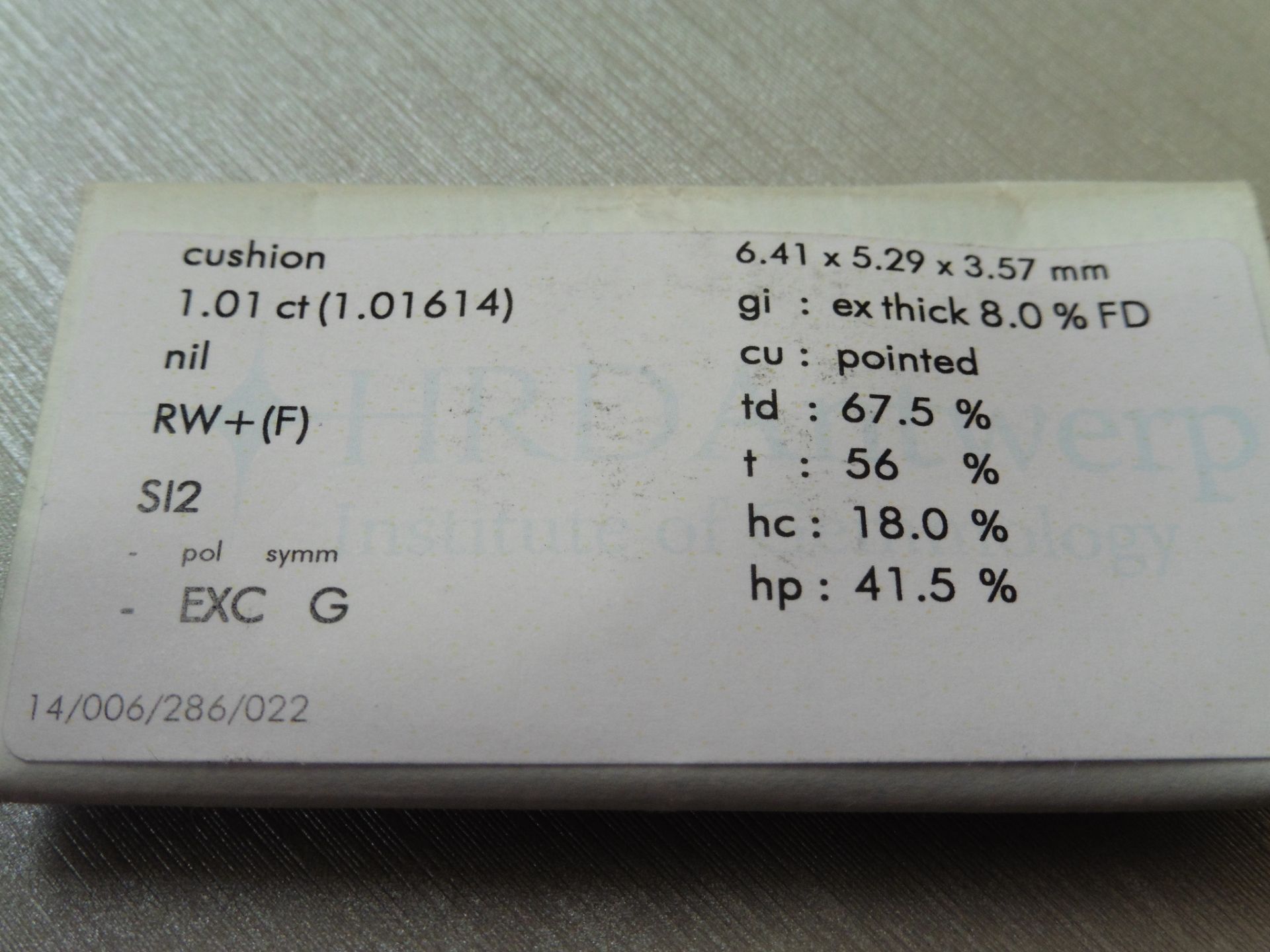 1.01ct single cushion cut diamond. Measurements 6.41 x 5.29 x 3.57mm. F colour and Si2 clarity. - Image 5 of 5