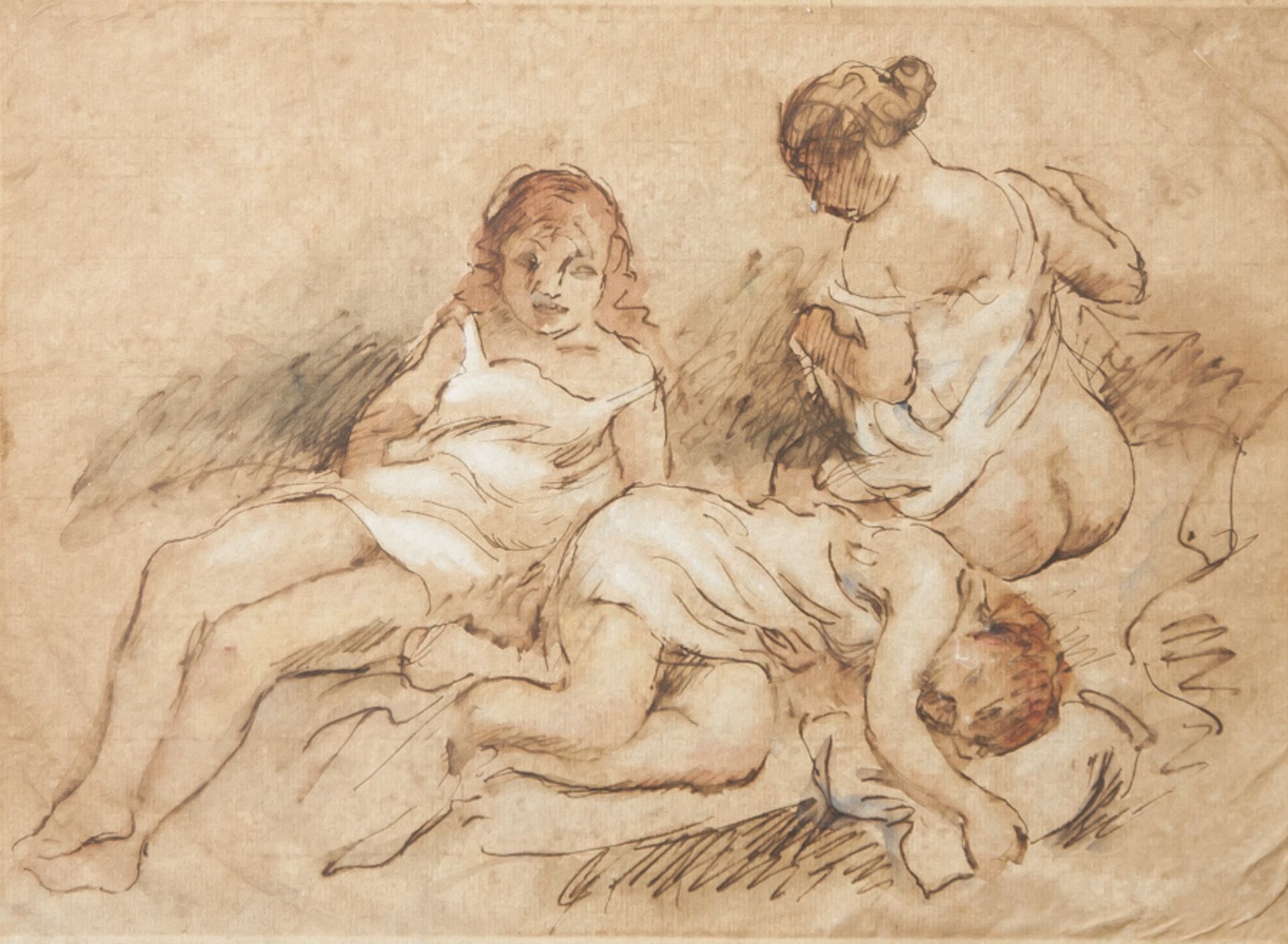 Wohl Pascin, Jules (1885-1930), drei leicht bekleidete Mädchen, Zeichnung, Aquarell,Tinte, Papier,