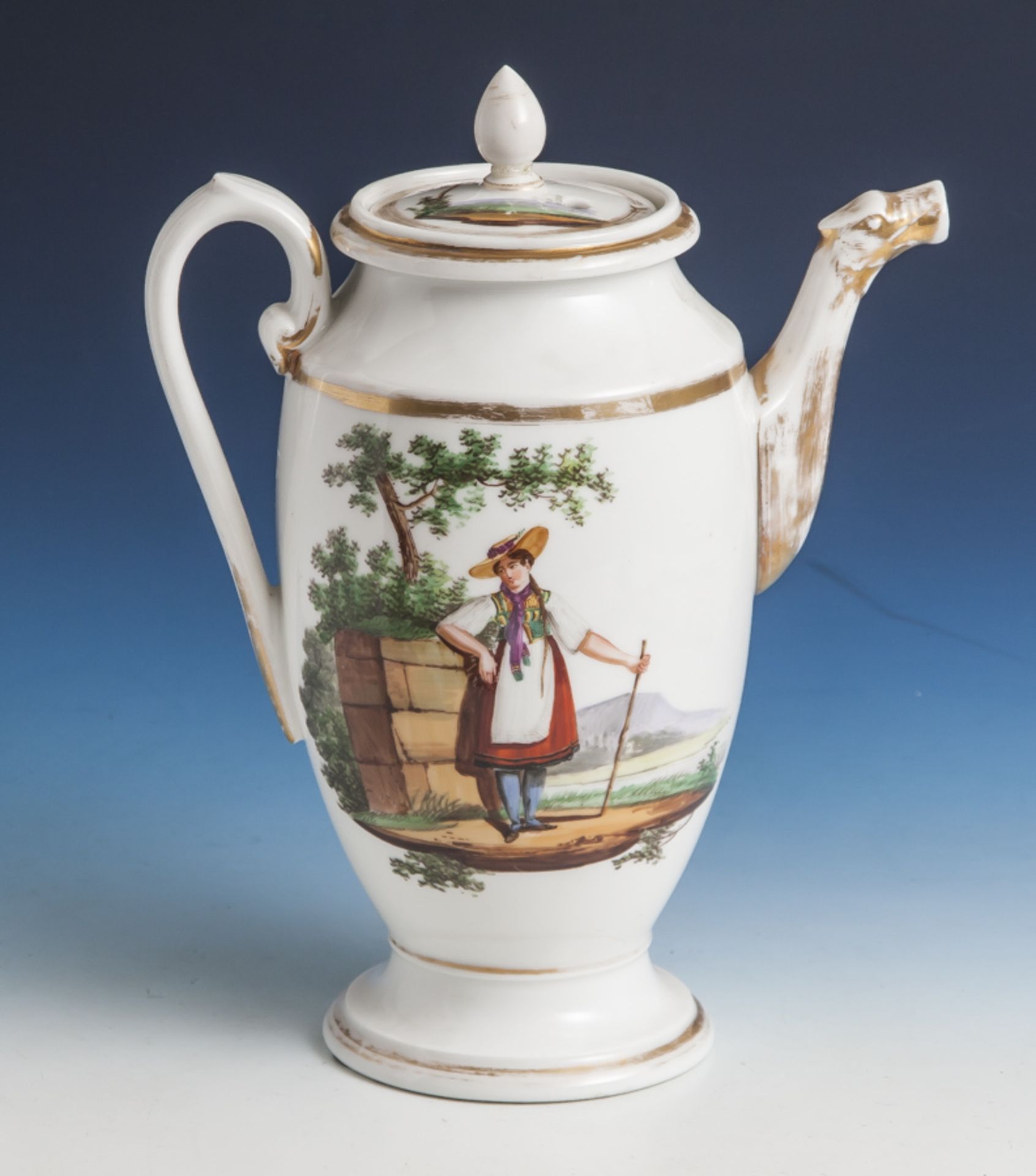 Kaffeekanne, Biedermeier um 1820/30, auf der Wandung mit polychromer Darstellung einesTrachtenpaares