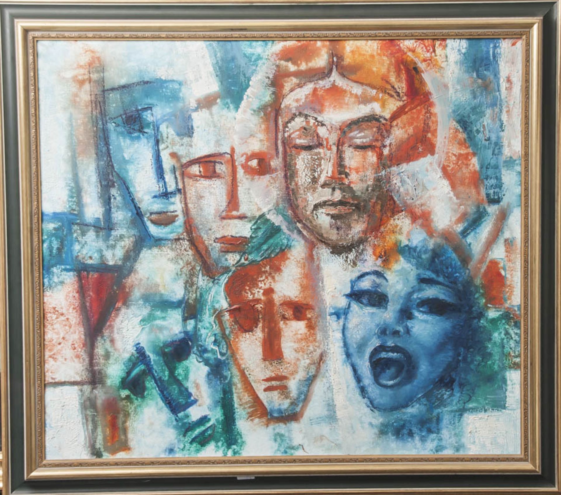 Gerhardt, Adolf (1910-1975), Gesichter, Öl/Lw, RS mit pers. Widmung u. Datum 1973. Ca. 70x 80 cm. - Bild 2 aus 2