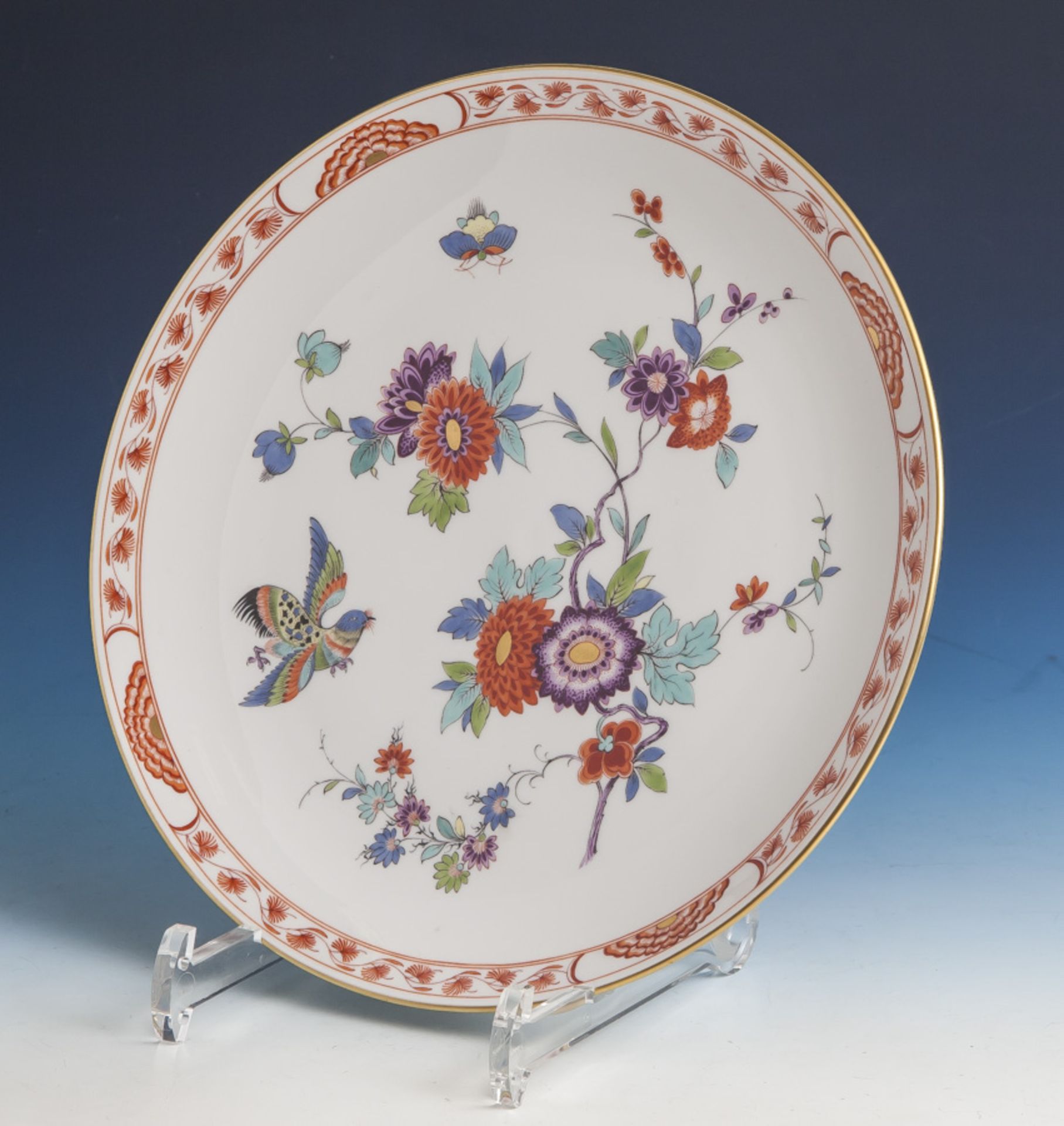 Wandteller, Meissen, Schwertermarke, im Spiegel polychromes Dekor "Alte ind. Blumen u.fliegender