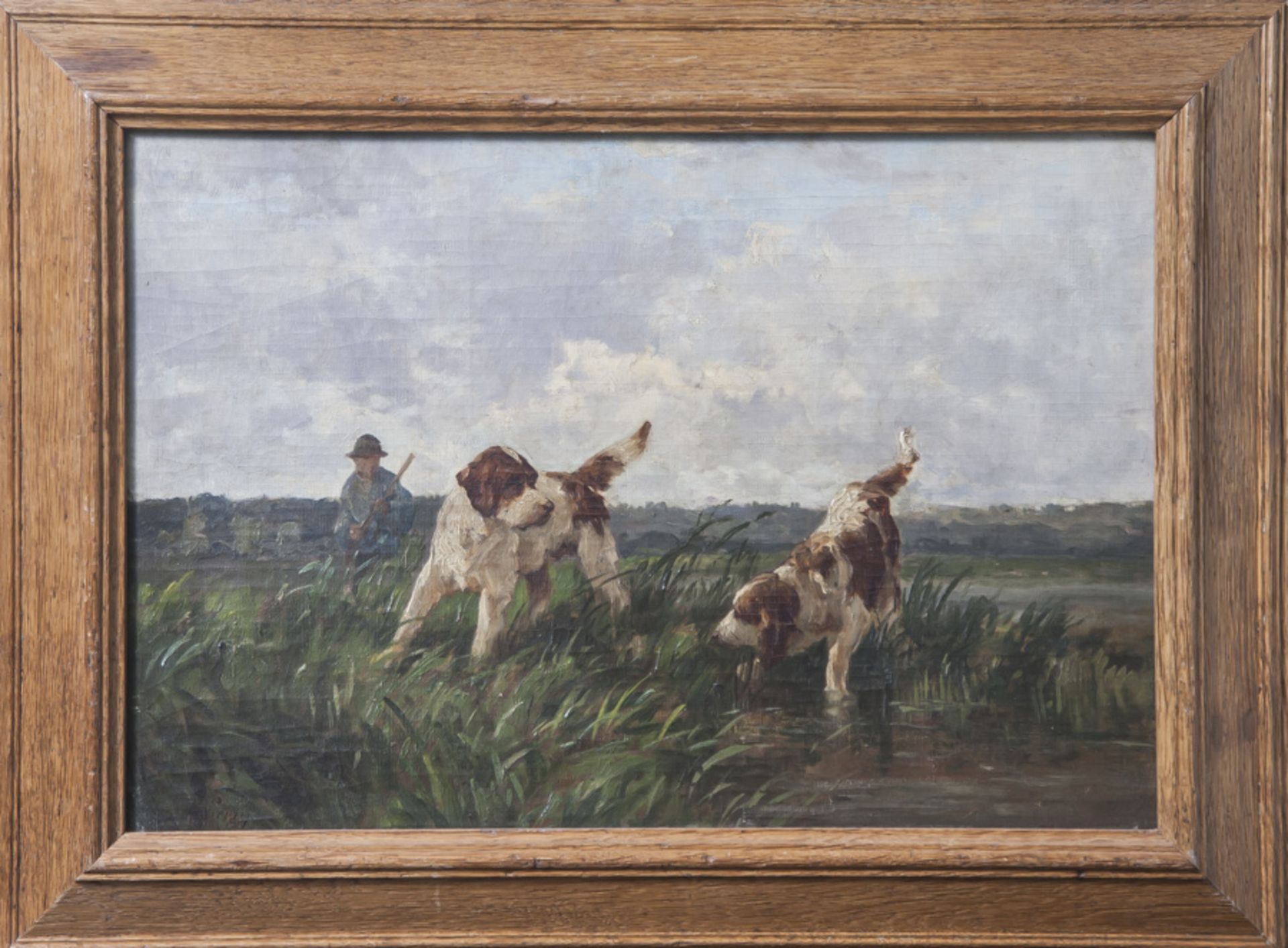 Galiany, Eugene, auch Galien Lalove "Bretonische Jagdhunde mit Jäger", (1854 -1941),Öl/Lwu. Karton