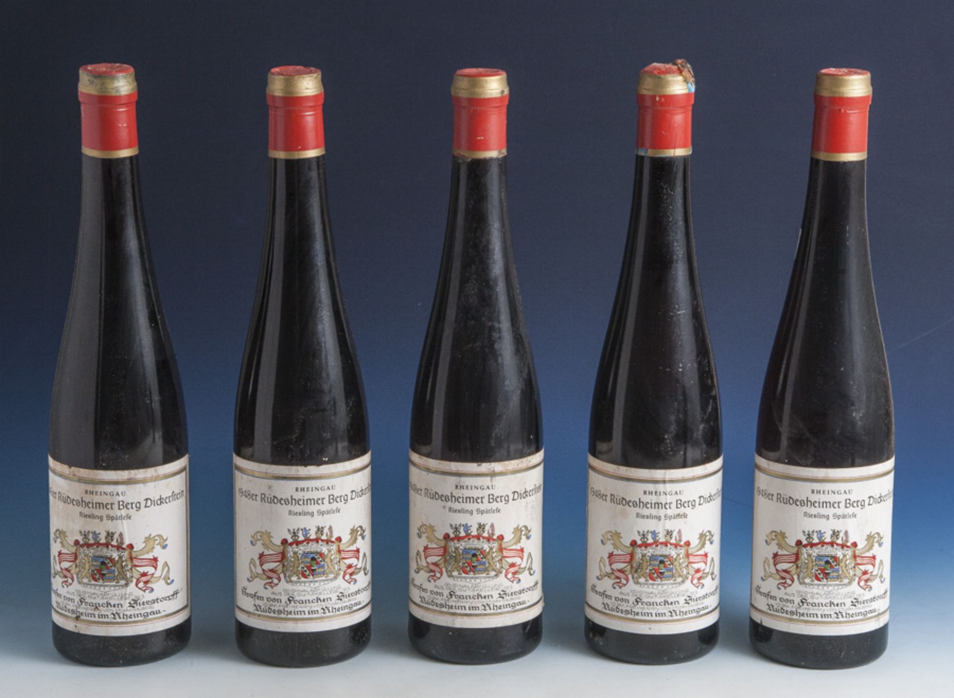 5 Flaschen Riesling, Rheingau 1948er Rüdesheimer Berg Dickerstein, Riesling Spätlese, ausder