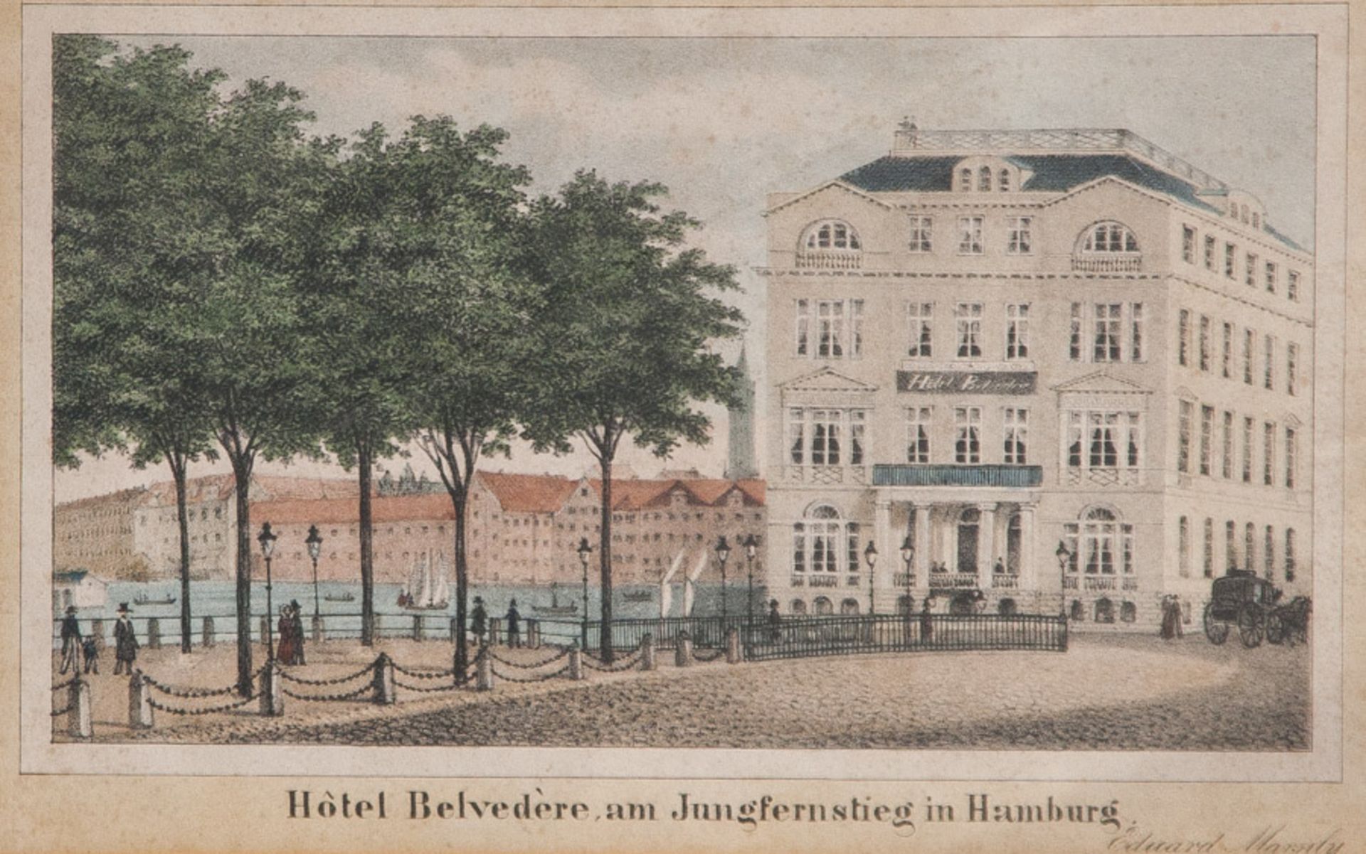 Marsily, Edvard (19. Jahrh.), Zeichnung/Stich, "Hotel Belvedère am Jungfernstieg inHamburg" Ca. 15 x