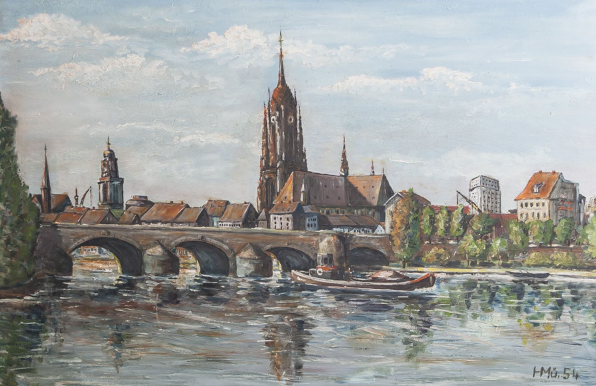 Monogrammist HMÜ (20. Jahrhundert), Frankfurt am Main und die Alte Brücke vomSachsenhäuser Ufer