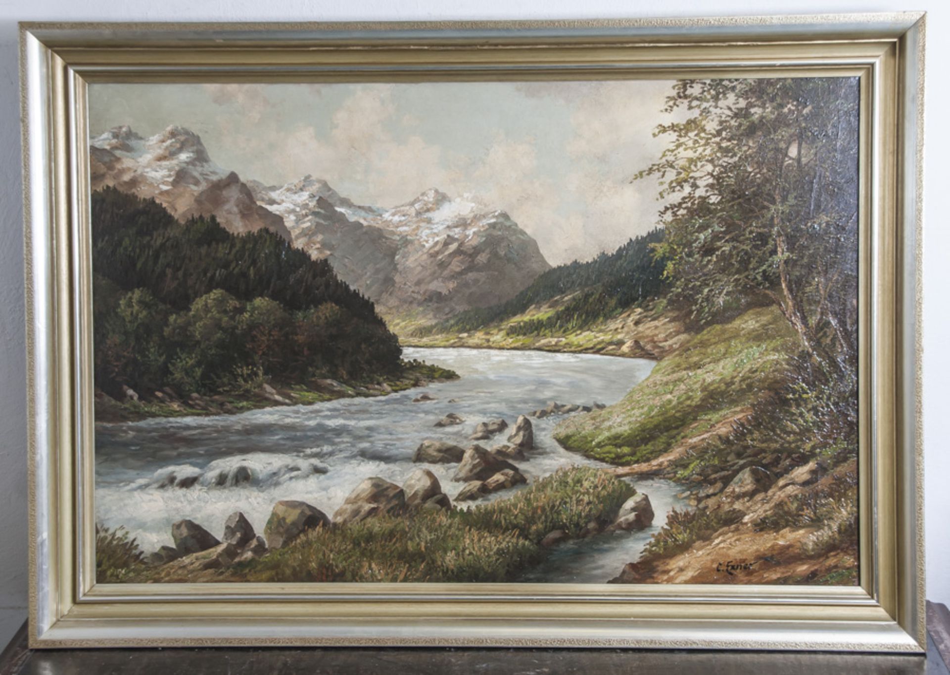 Exner, C. (19./20. Jahrhundert), Berglandschaft mit Fluss, Öl/Lw., re. u. sign. Ca. 68 x100 cm,