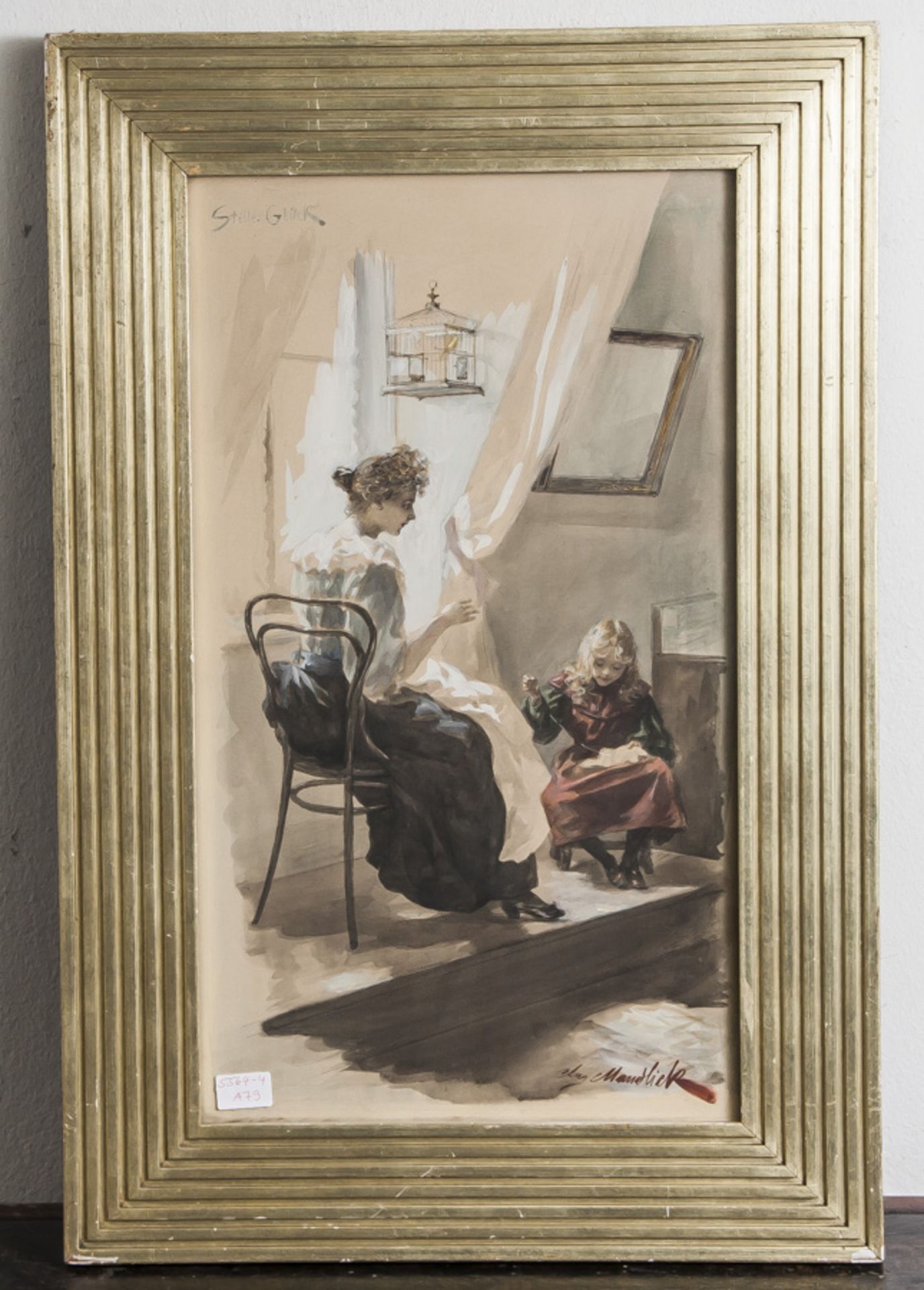 Mandlick, August (1860 - 1934), "Stilles Glück", Auqarell, bez. u. sign. Ca. 49 x 28 cm(gerahmt).