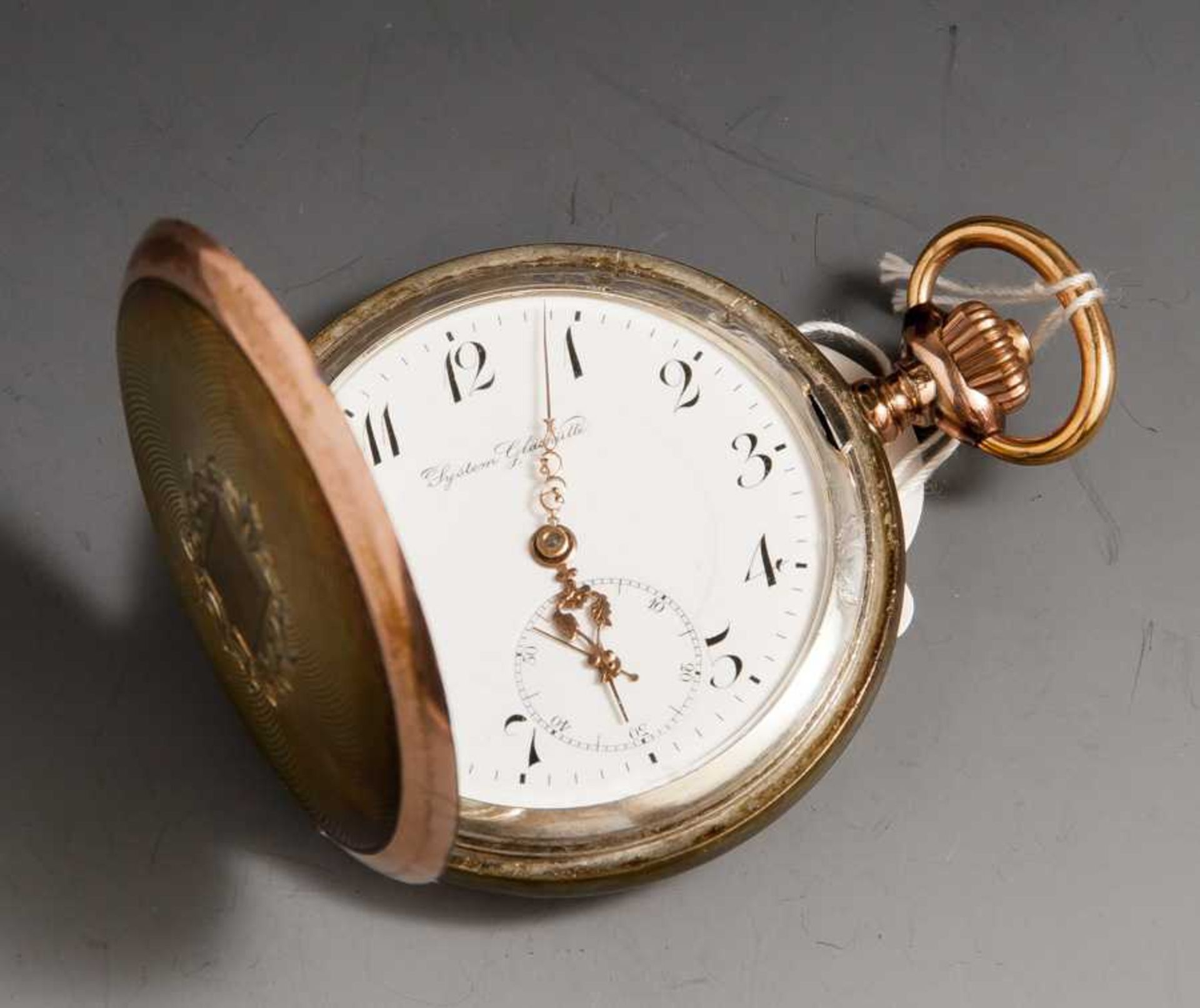 Taschenuhr, um 1900, System Glashütte, Silber/Gold. Uhrwerk läuft.