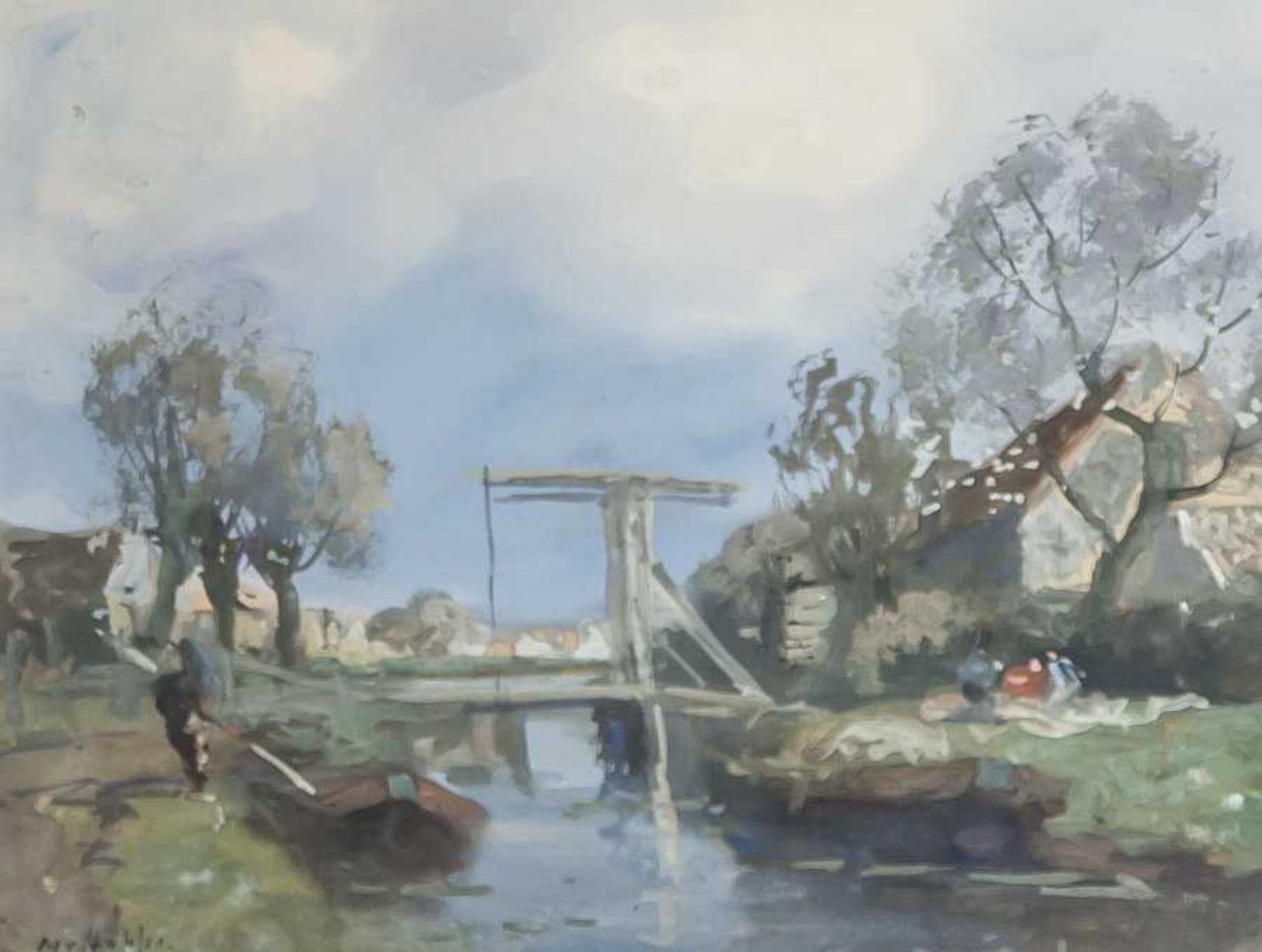 Hoppe, v. M., "Kanalansicht m. Hebebrücke in Holland", Mischtechnik. Ca. 30 x 38 cm,hinter Glas