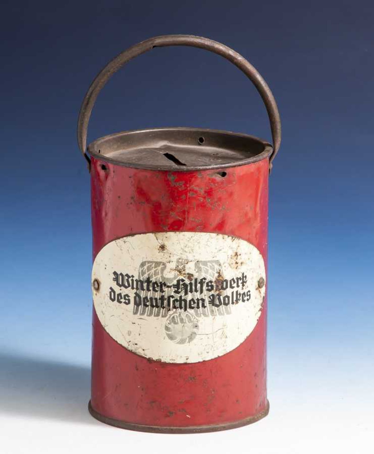 Sammelbüchse III. Reich, WHW "Winter Hilfswerk des deutschen Volkes". H. ca. 15 cm.