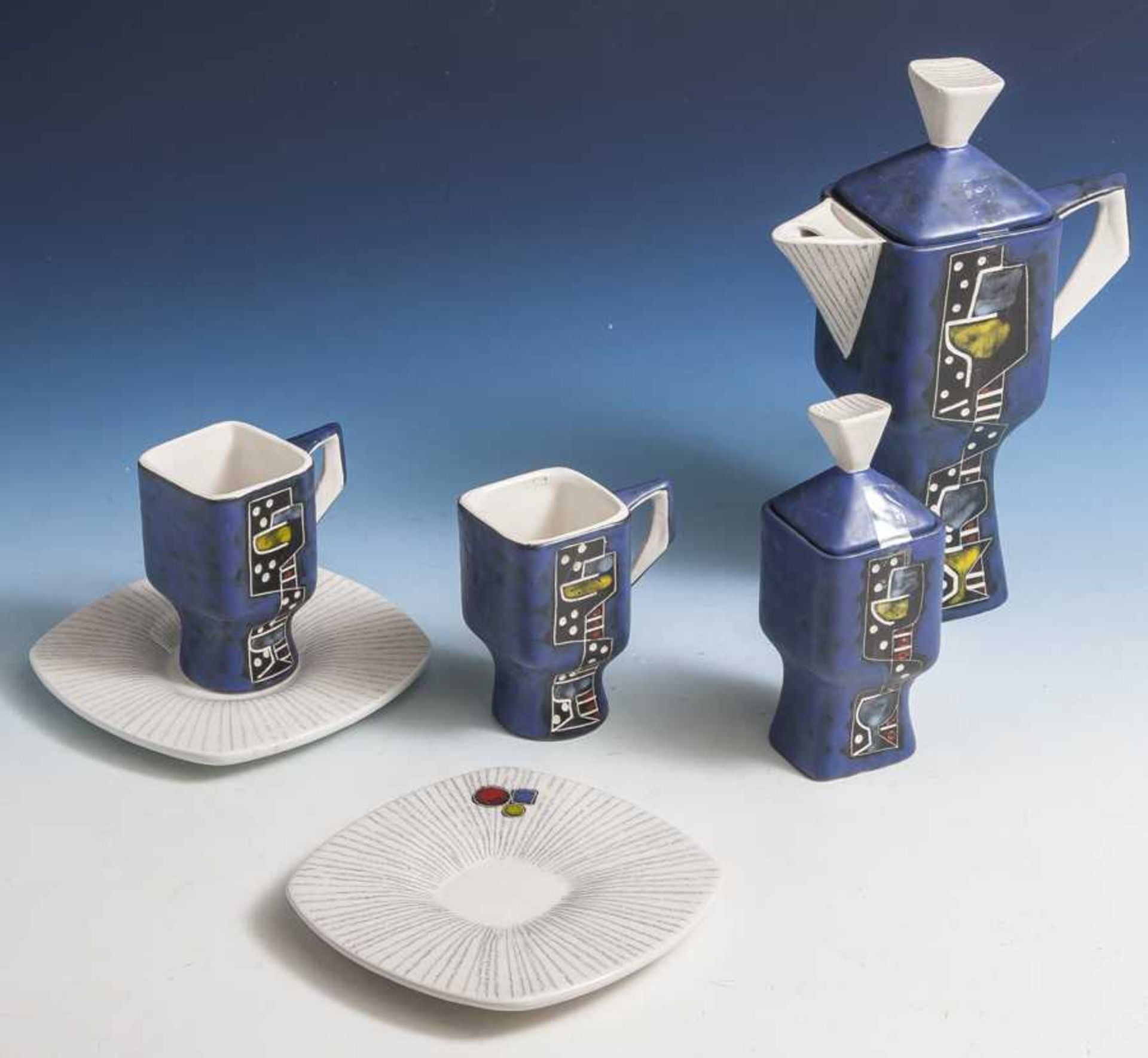 Tete à Tete, 6-teilig, wohl 50/60er Jahre, Keramik, abstrakte Bemalung auf blauem Fond: 1Kanne (H.