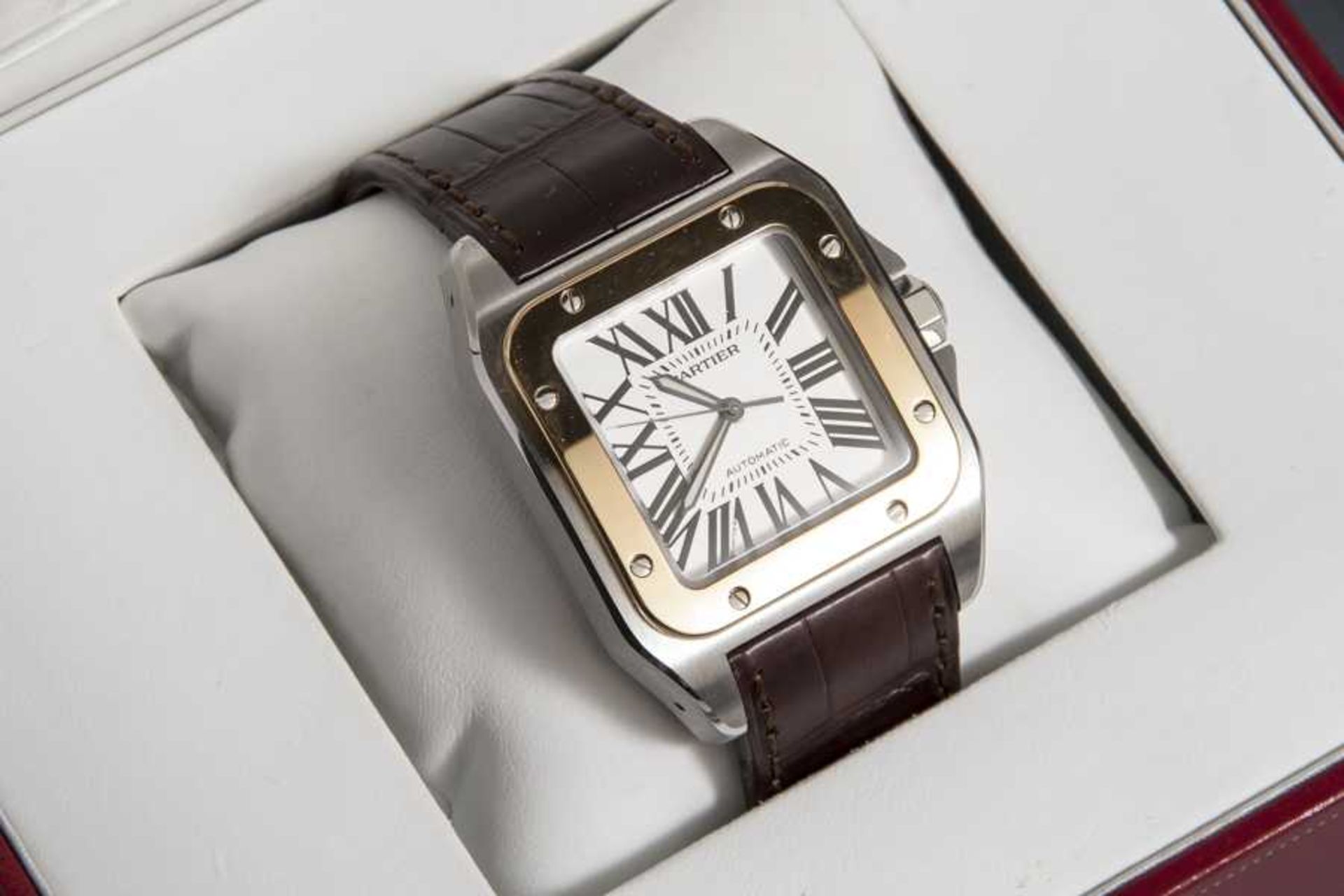 Herrenuhr, Cartier Santos 100 OR, Stahl/Gold, Lederarmband, Automatic, Nr. 190099 MX,ungetragen,