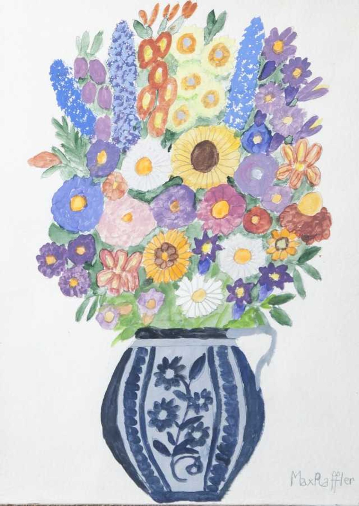 Raffler, Max (1902-1988), "Frühlingsblumen in einemErntekrug", Aquarell/Bleistiftzeichnung, re. u.