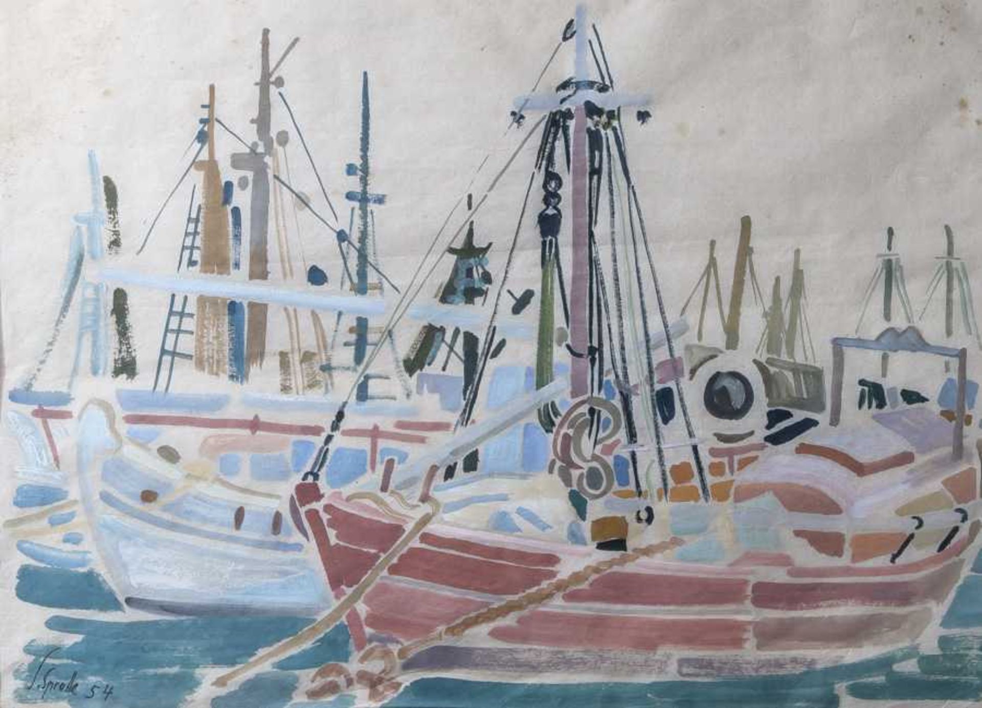 Sprotte, Siegward (1913-2004), stimmungsvolle Hafenansicht mit Fischerbooten, Aquarell,li. u.