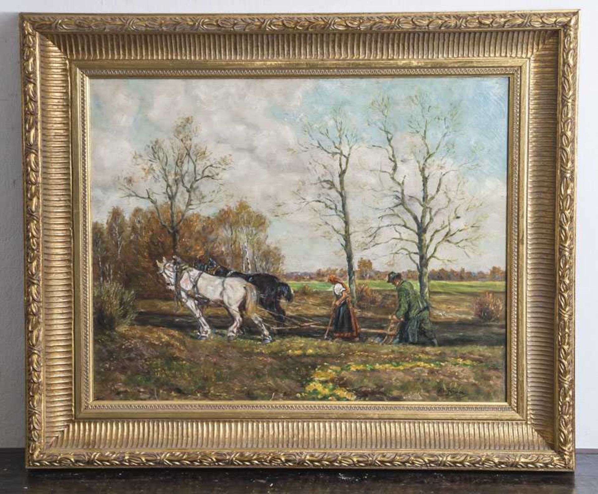 Kruse, Al., Bauer und Bäuerin mit zwei Pferden beim Pflügen, Öl/Lw. Ca. 49 x 60 cm(gerahmt).