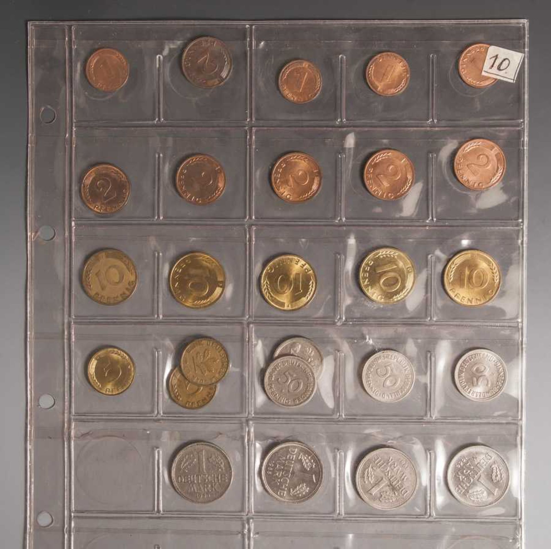 Konvolut Münzen, BRD: 4 x DM 0,01, 6 x DM 0,02, 3 x DM 0,05, 5 x DM 0,10, 4 x DM 0,50, 4 xDM 1.