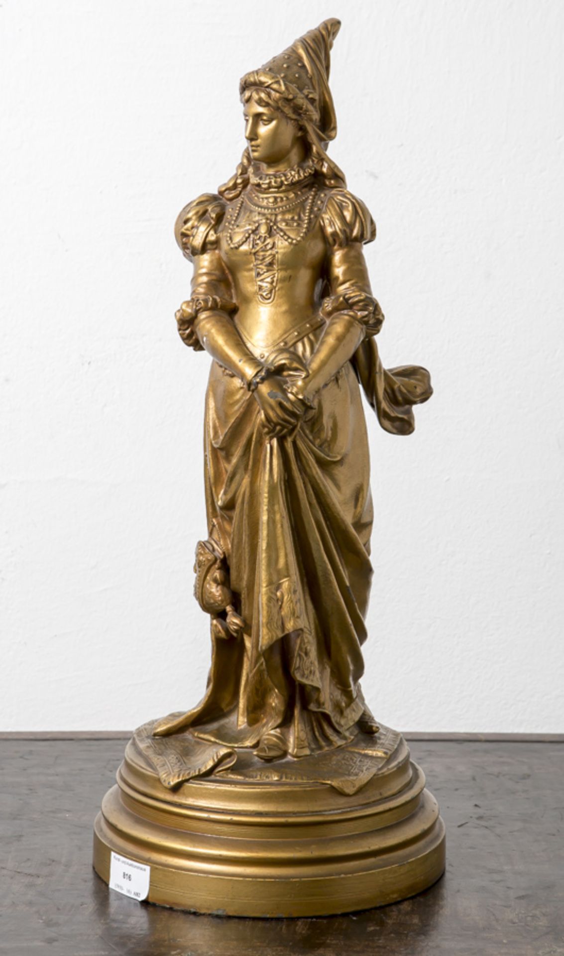 Metallfigur, Zinkguss, Historismus, wohl Frankreich, 19. Jahrhundert, goldfarben gefasst,Dame in