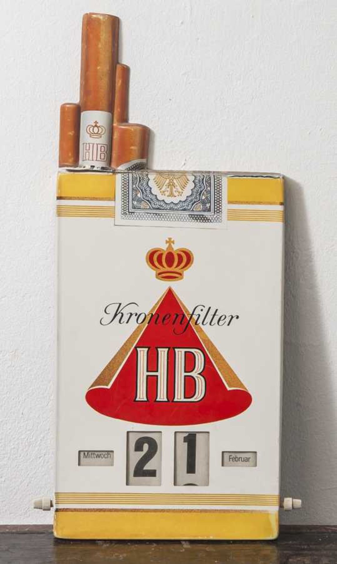 Drehkalender "Kronenfilter HB", hochrechteckiges Werbeschild aus Kunststoff, mitWochentag- und