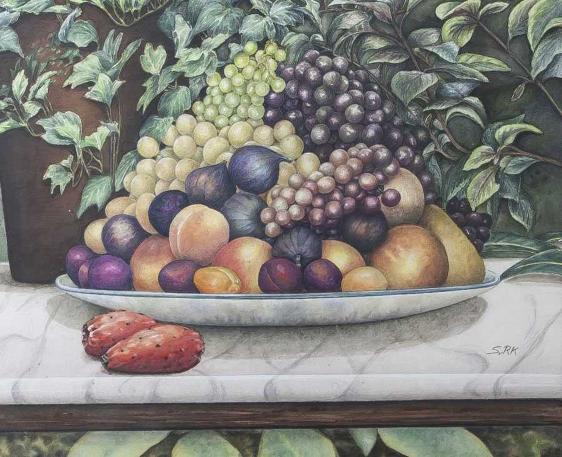 Monogrammist S v. RK, Stillleben mit Obst, farbige Zeichnung, re. u. monogr. Blattgrößeca. 39 x 45