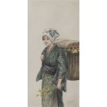 Tsutaya, Ryuko (1868-1933), "Japanisches Blumenmädchen", Aquarell/Papier, re. u. sign"Ryuko", rs.