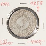 Seltene 5 DM Münze, Silberadler, 1958 J (Hamburg), Stempeldrehung um 10 Grad, 60.000geprägte